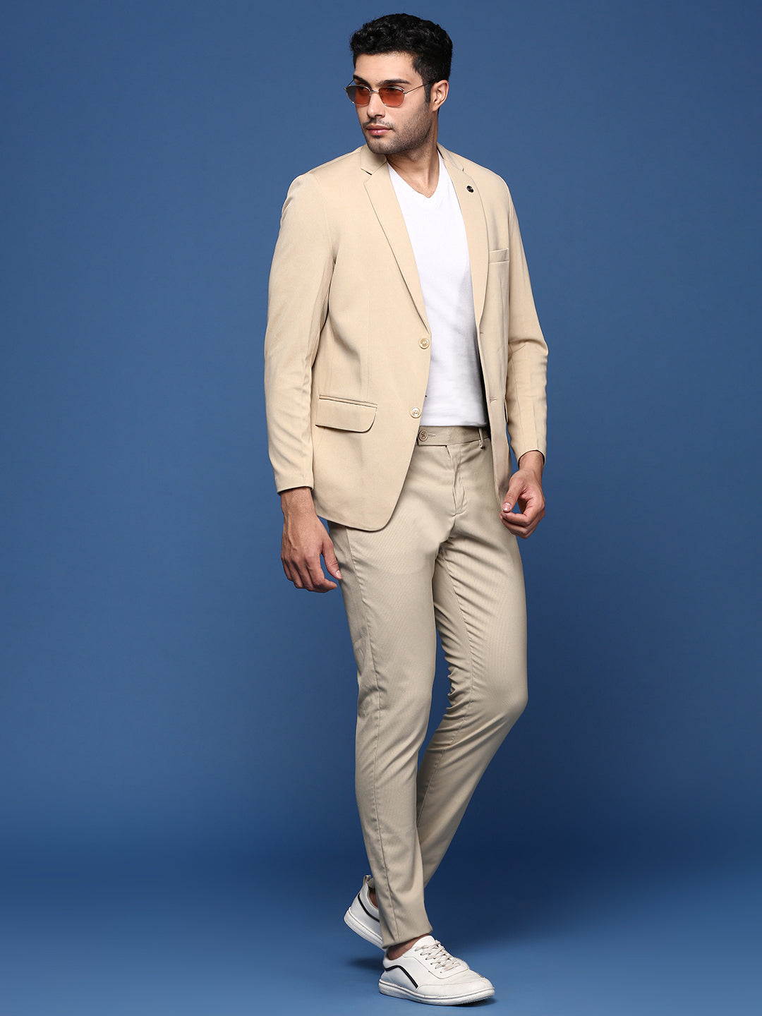 Men Beige Slim Fit Single Breasted Blazer