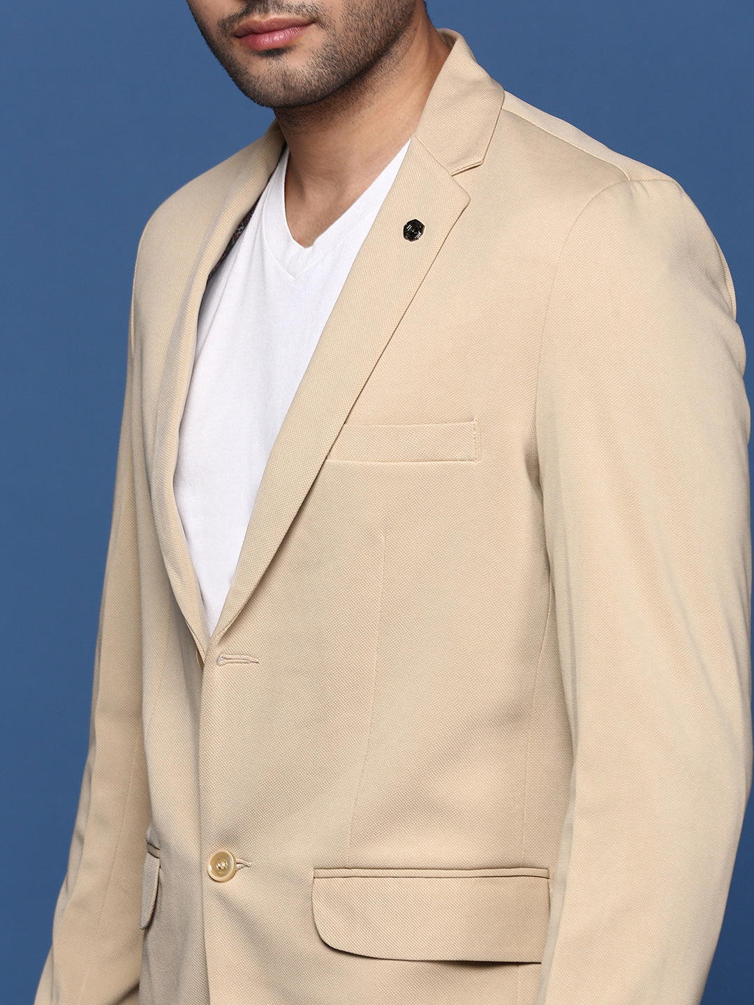 Men Beige Slim Fit Single Breasted Blazer