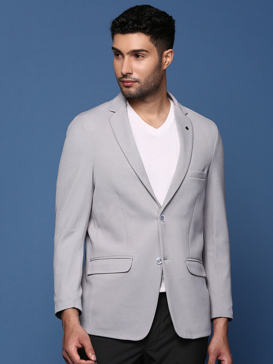 Men Grey Slim Fit Single Breasted Blazer