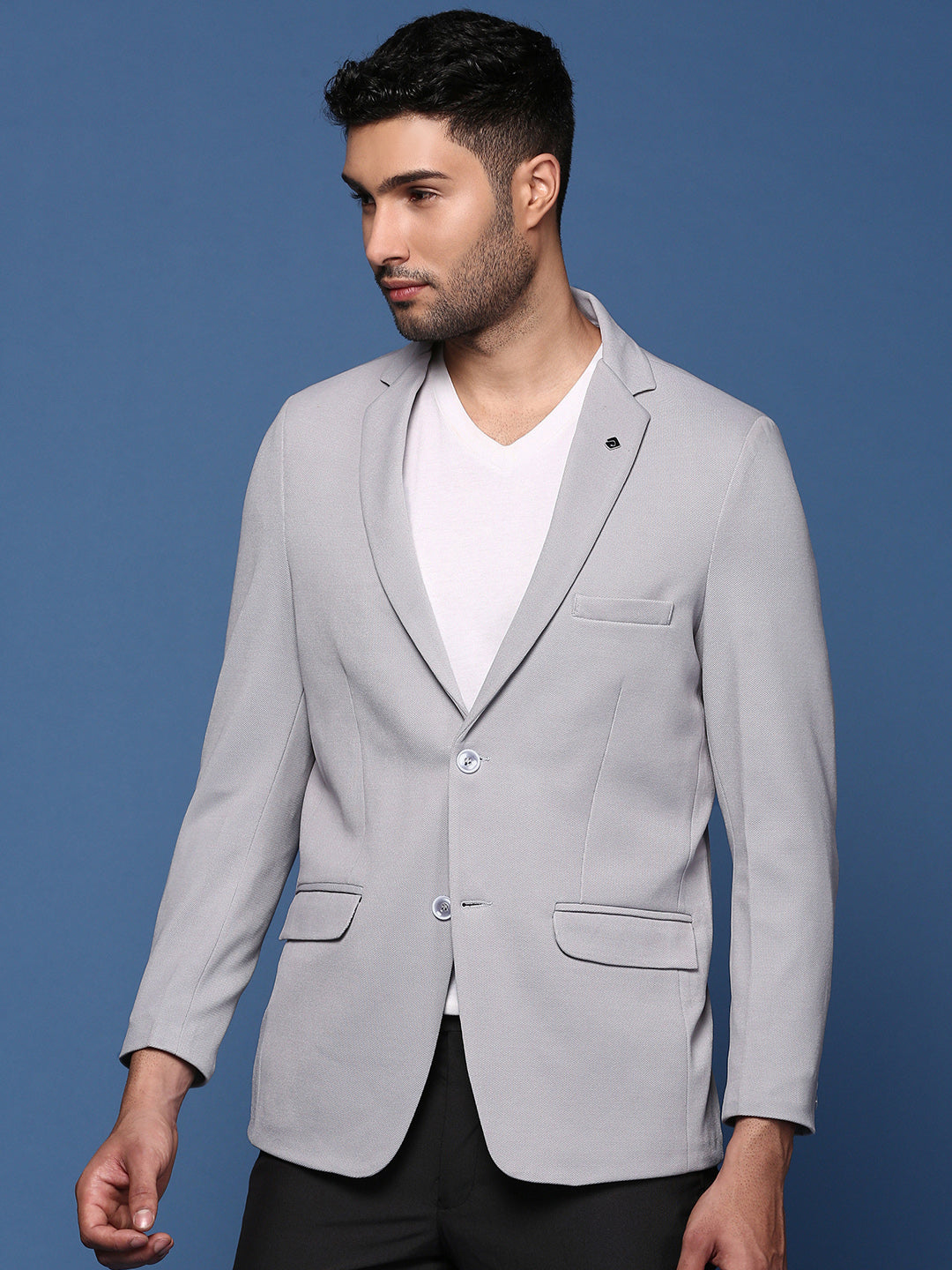 Men Grey Slim Fit Single Breasted Blazer