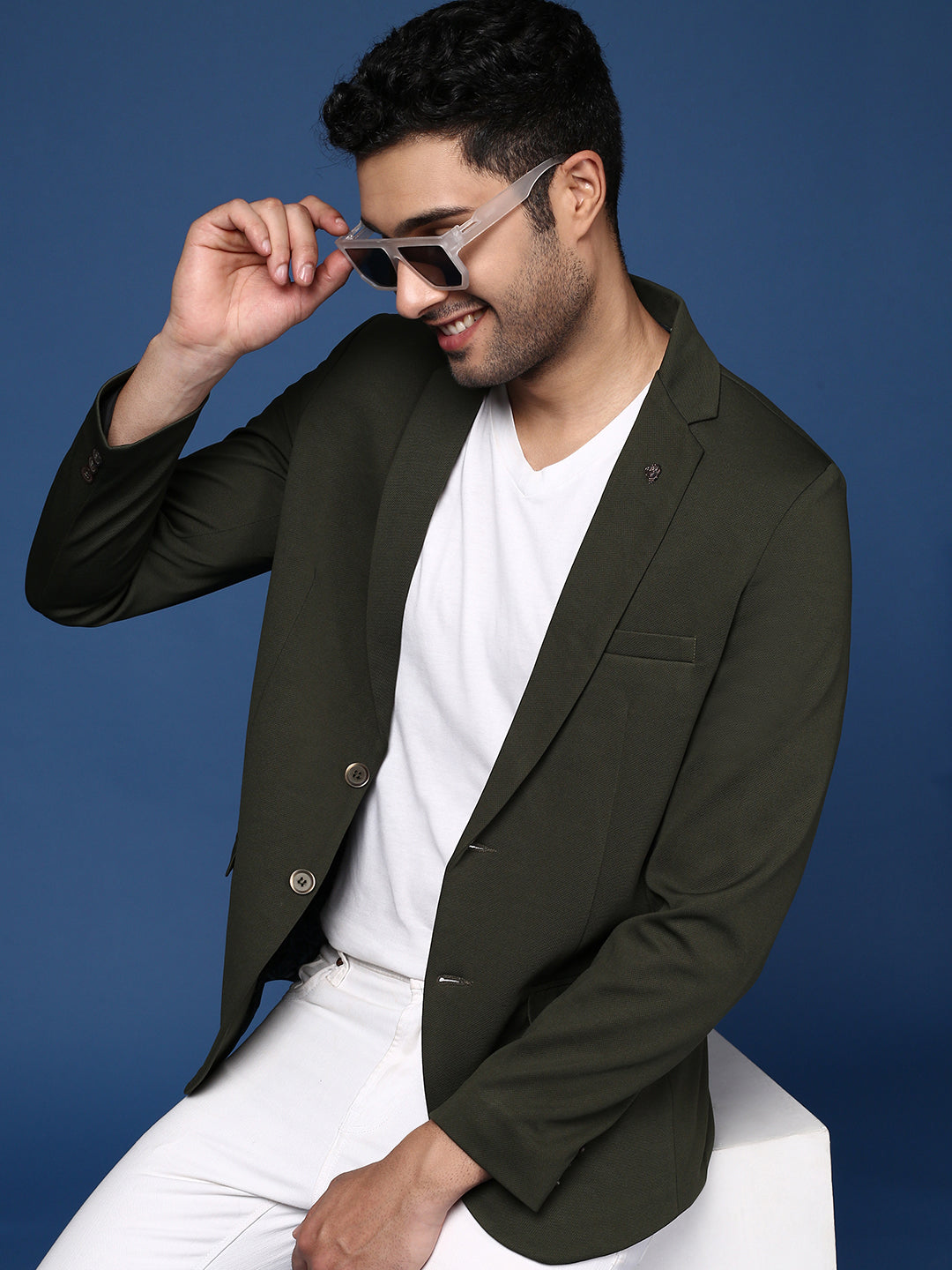 Men Green Slim Fit Single Breasted Blazer