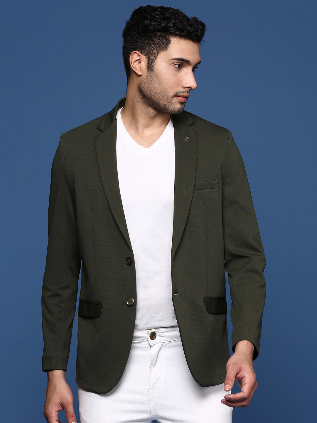 Men Green Slim Fit Single Breasted Blazer