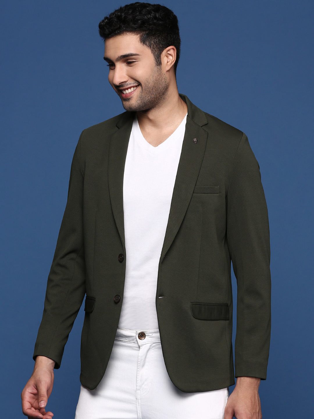 Men Green Slim Fit Single Breasted Blazer