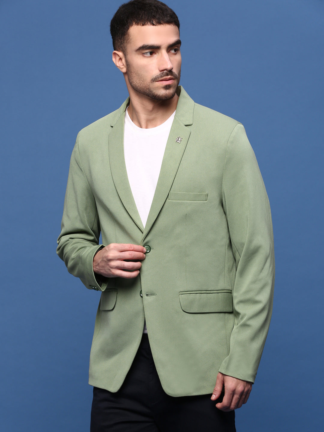 Men Green Slim Fit Single Breasted Blazer