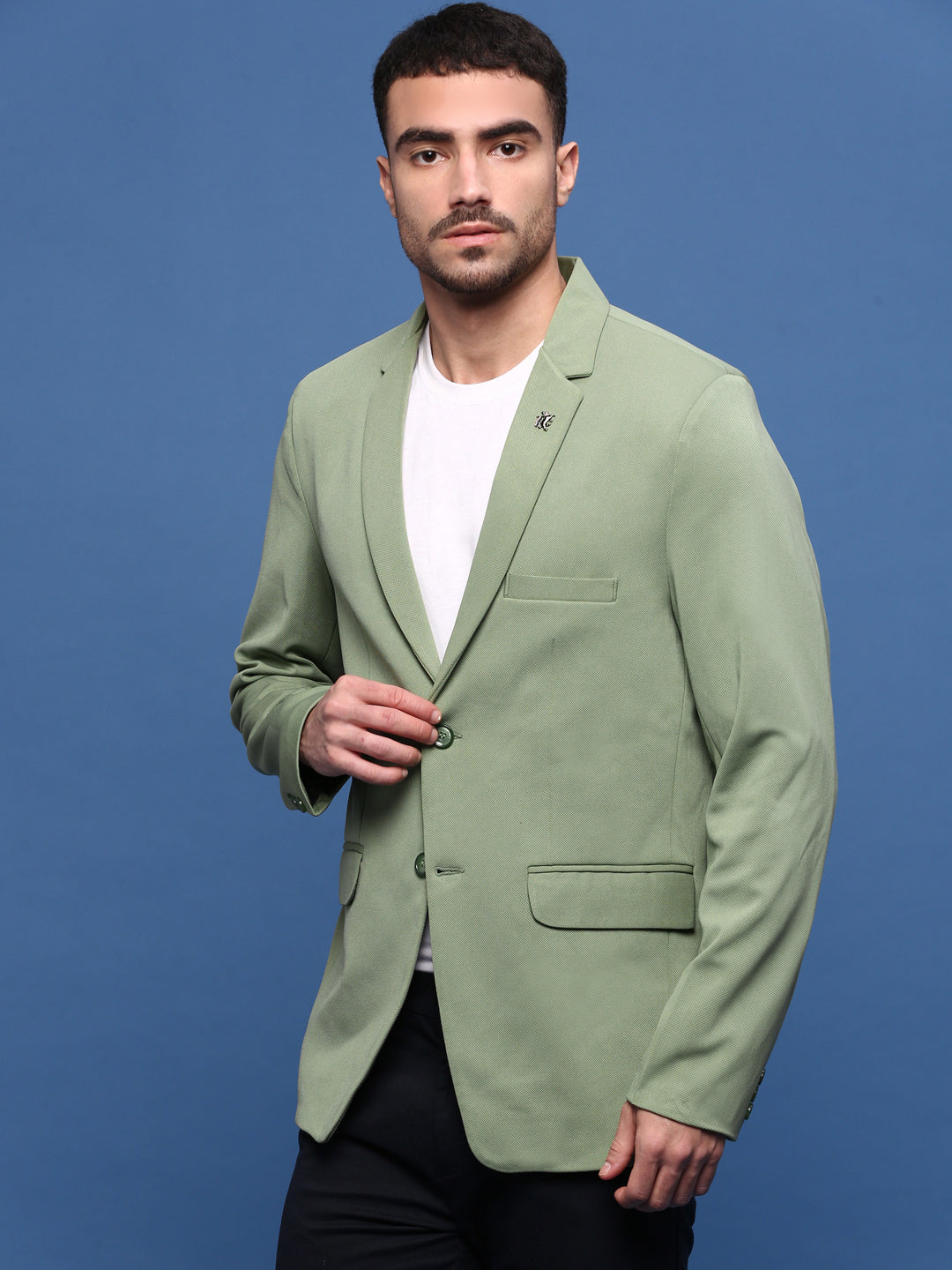 Men Green Slim Fit Single Breasted Blazer