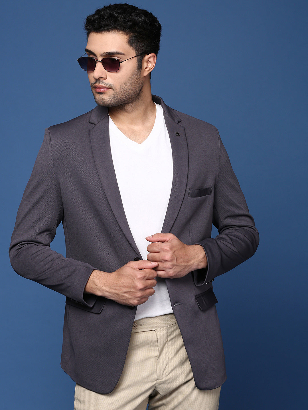 Men Charcoal Slim Fit Single Breasted Blazer