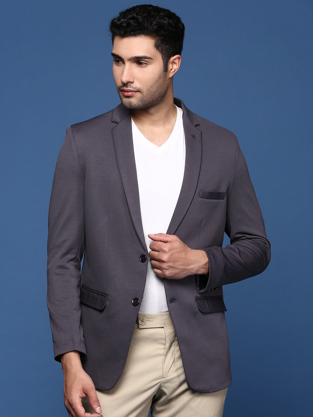 Men Charcoal Slim Fit Single Breasted Blazer