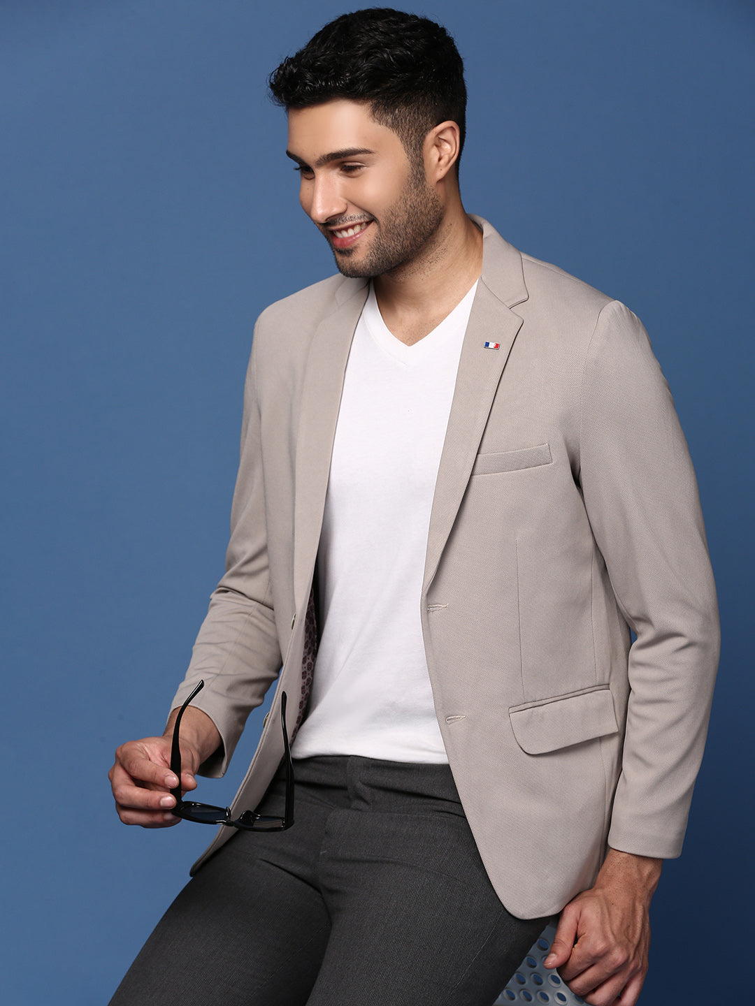 Men Grey Slim Fit Single Breasted Blazer