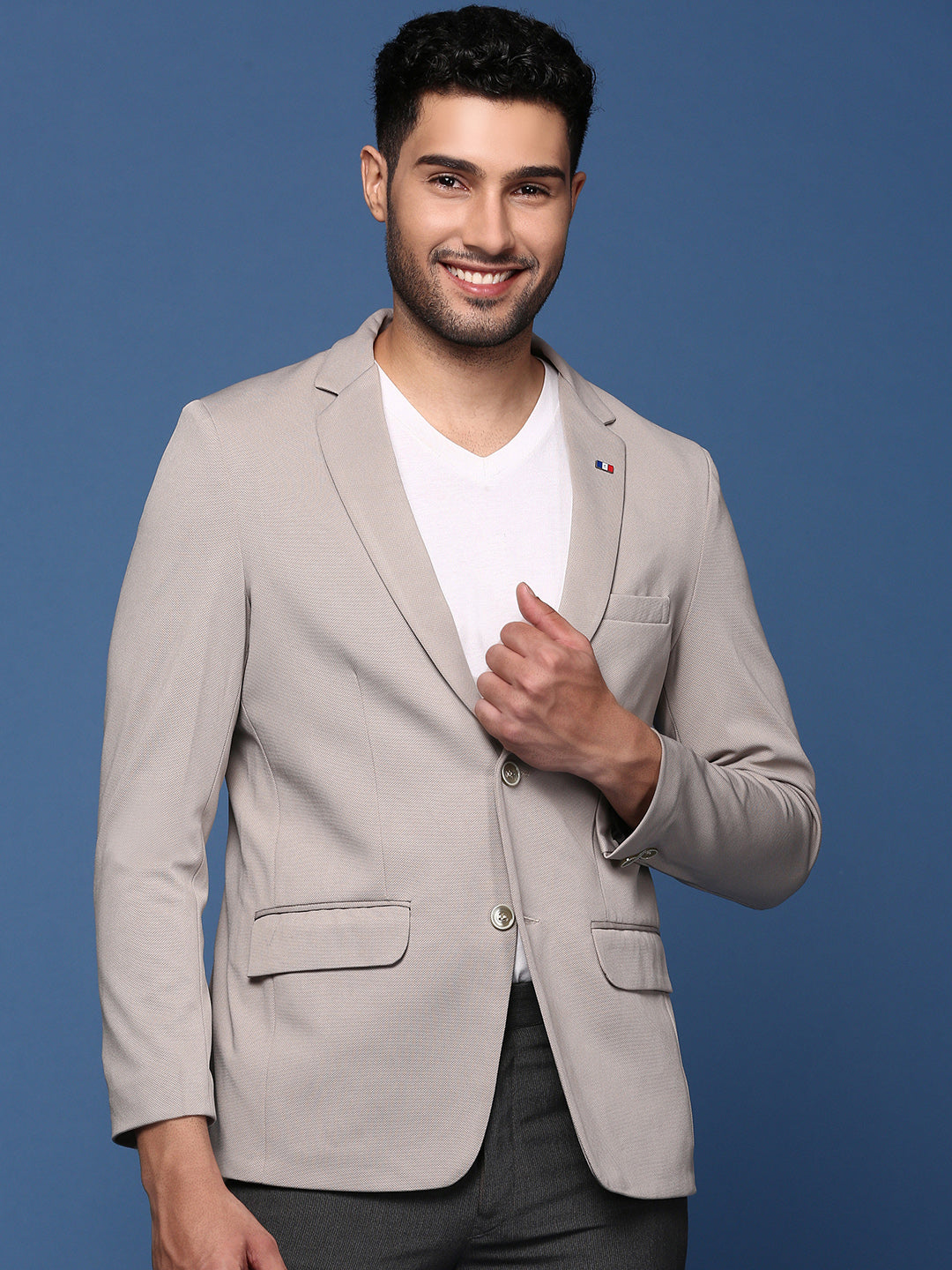 Men Grey Slim Fit Single Breasted Blazer