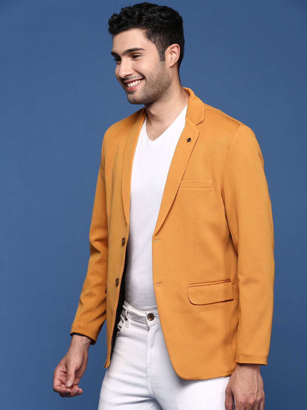 Men Mustard Slim Fit Single Breasted Blazer