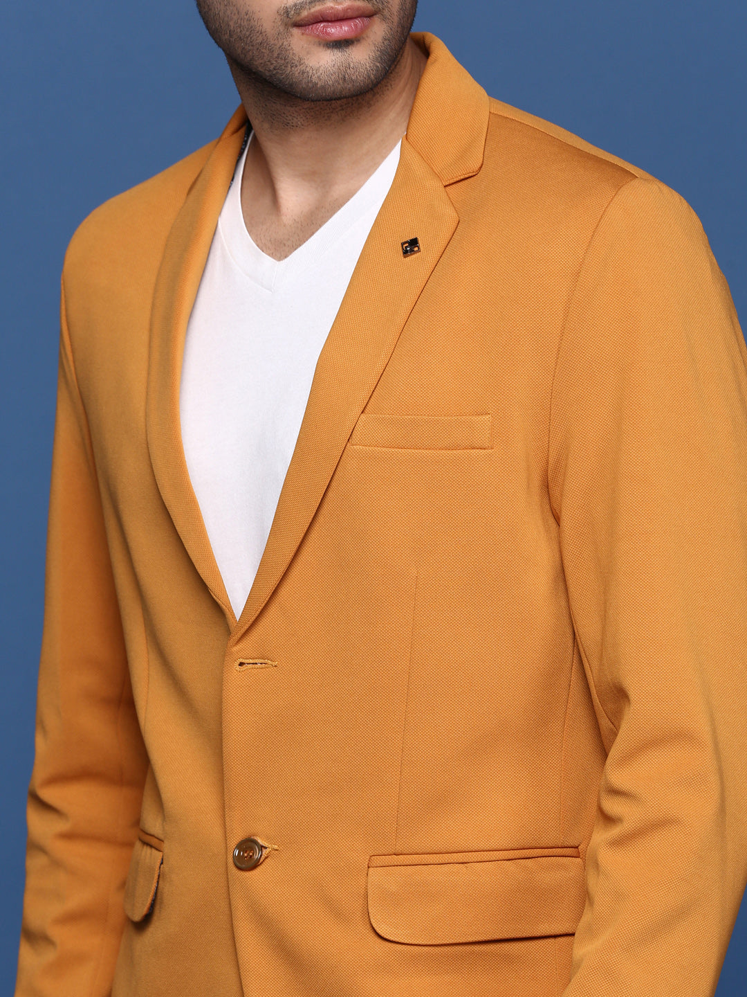 Men Mustard Slim Fit Single Breasted Blazer