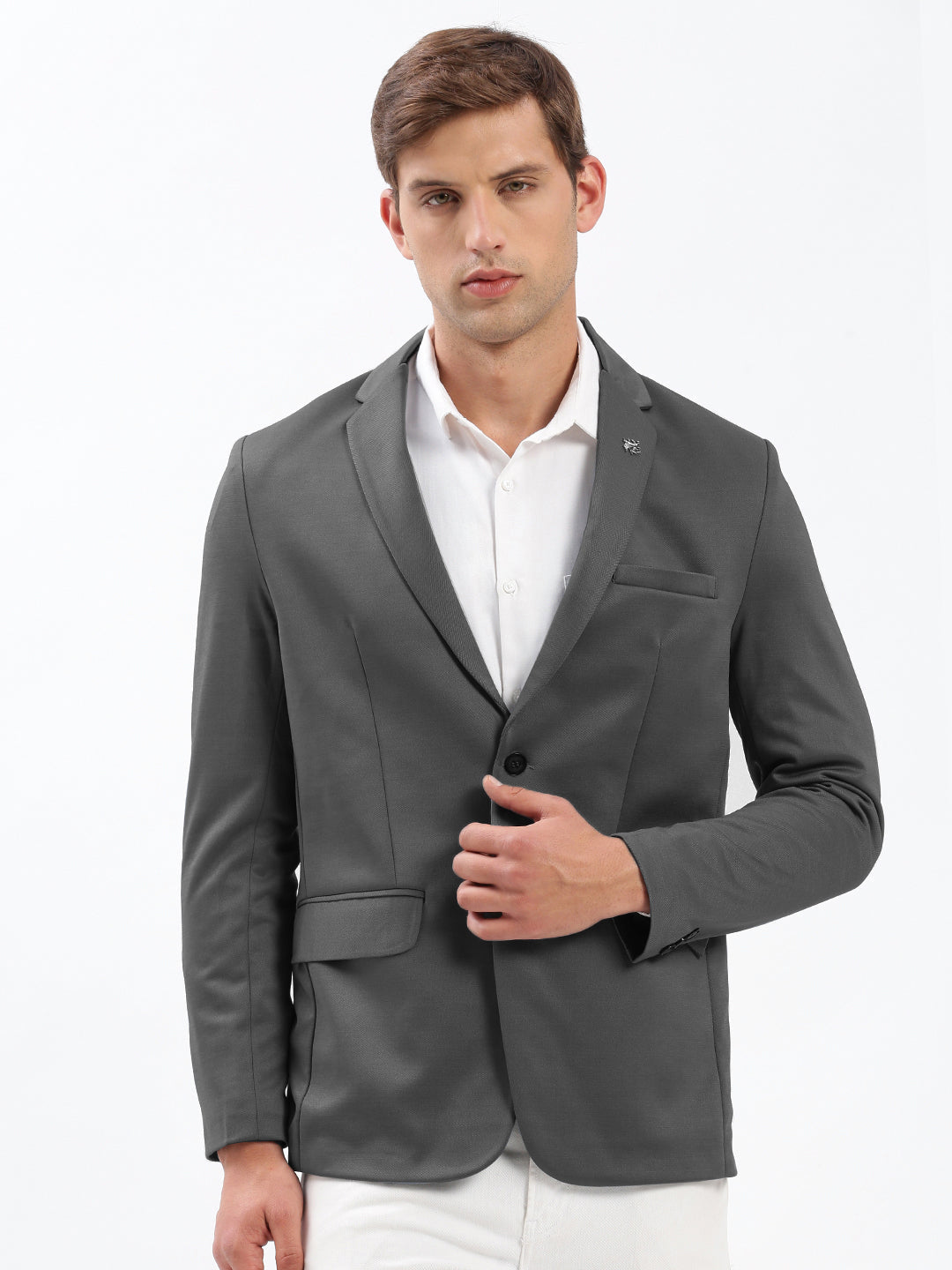 Men Grey Solid Single Breasted Blazer