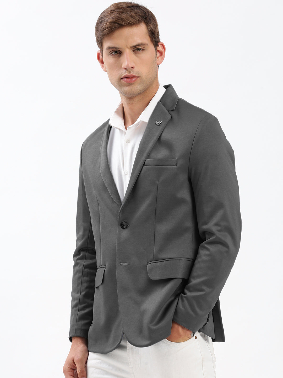 Men Grey Solid Single Breasted Blazer