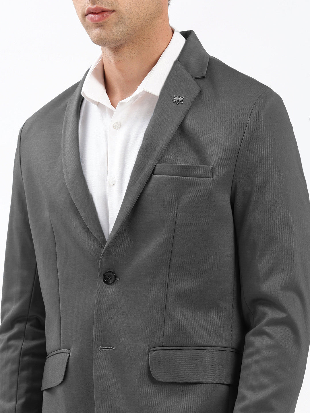 Men Grey Solid Single Breasted Blazer