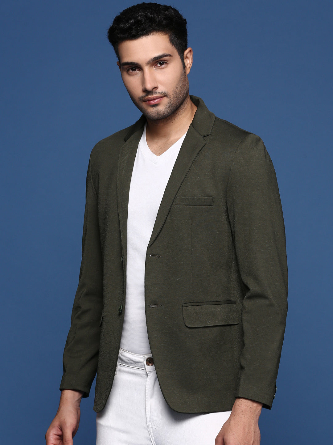 Men Green Solid Single Breasted Blazer