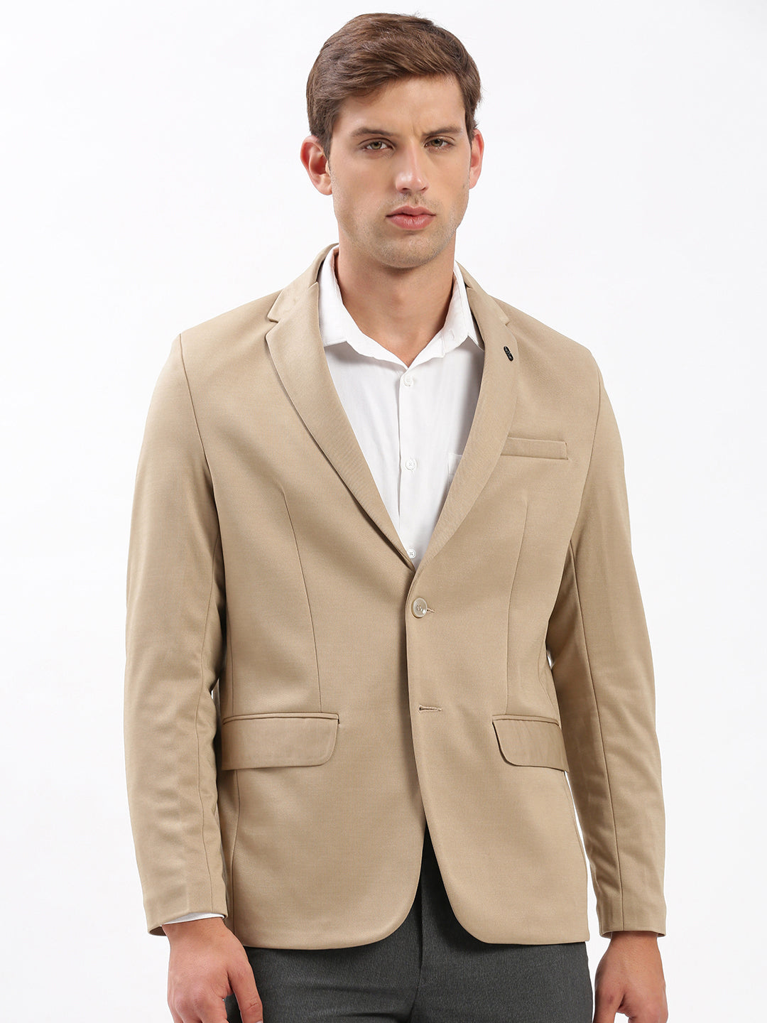 Men Beige Solid Single Breasted Blazer