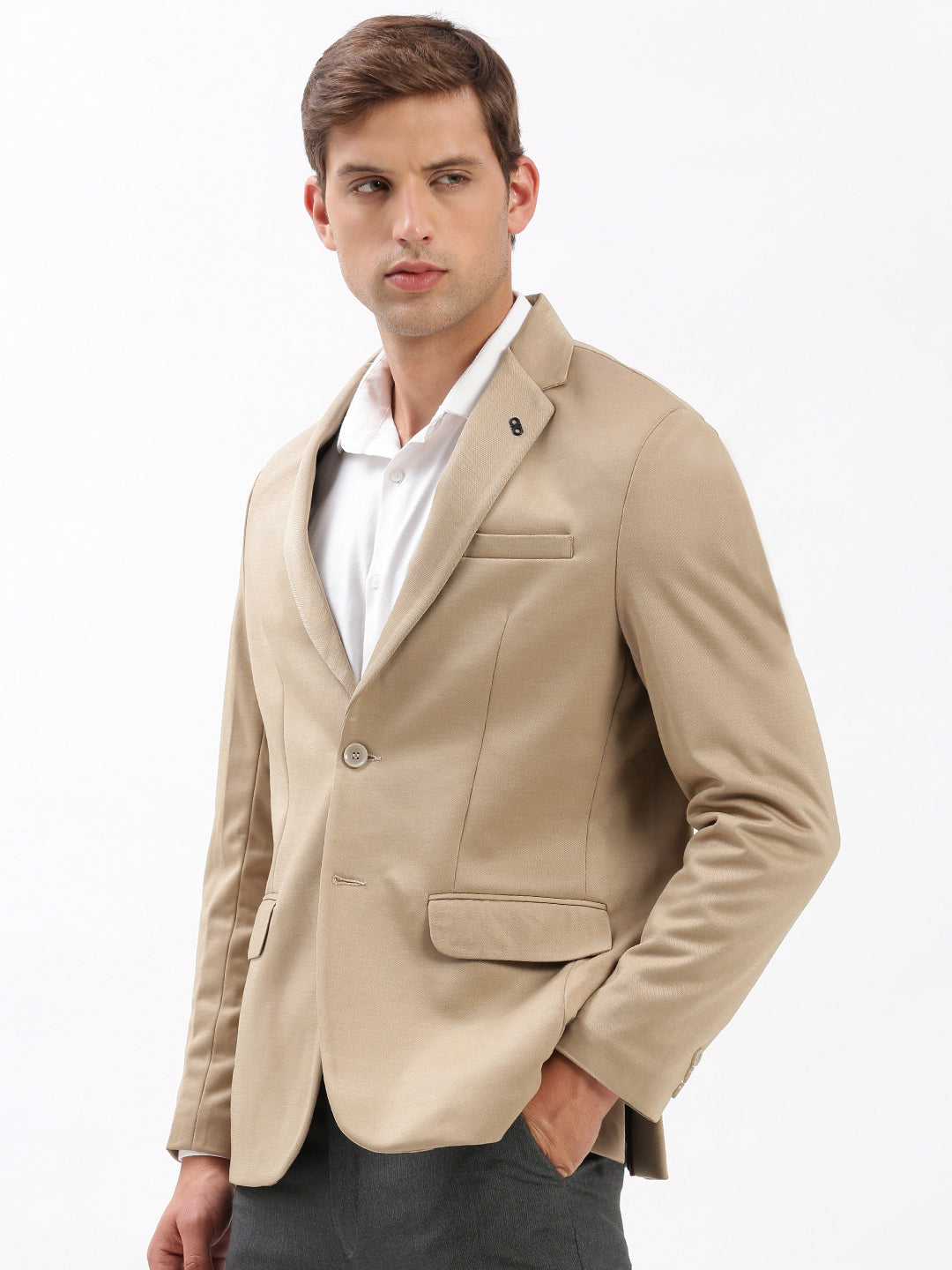 Men Beige Solid Single Breasted Blazer