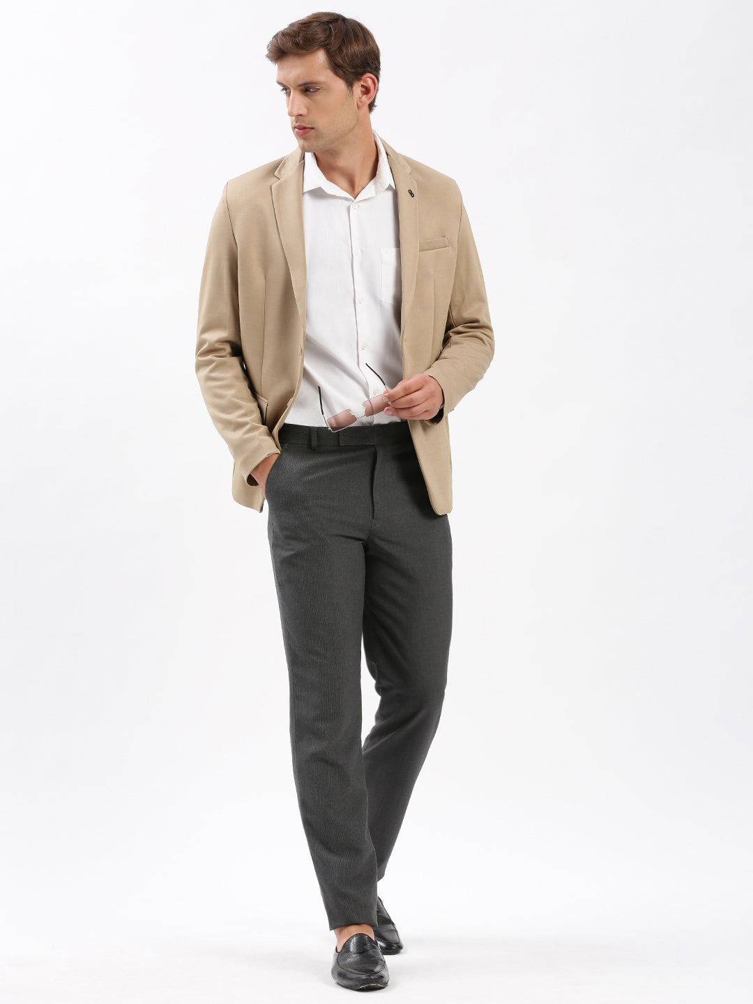 Men Beige Solid Single Breasted Blazer