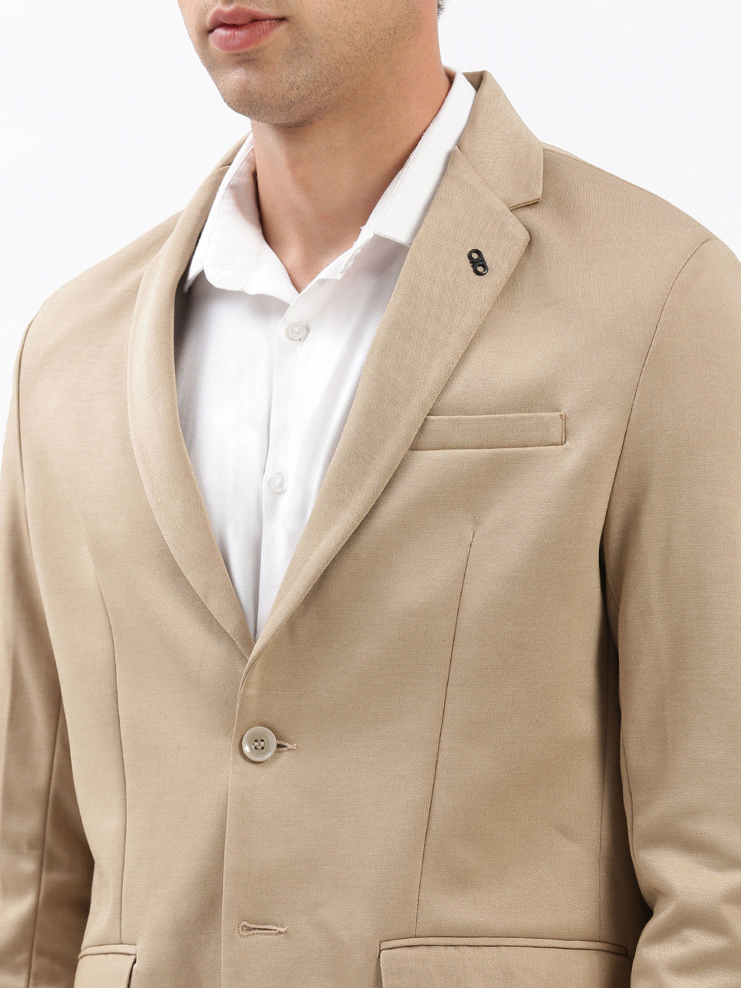 Men Beige Solid Single Breasted Blazer