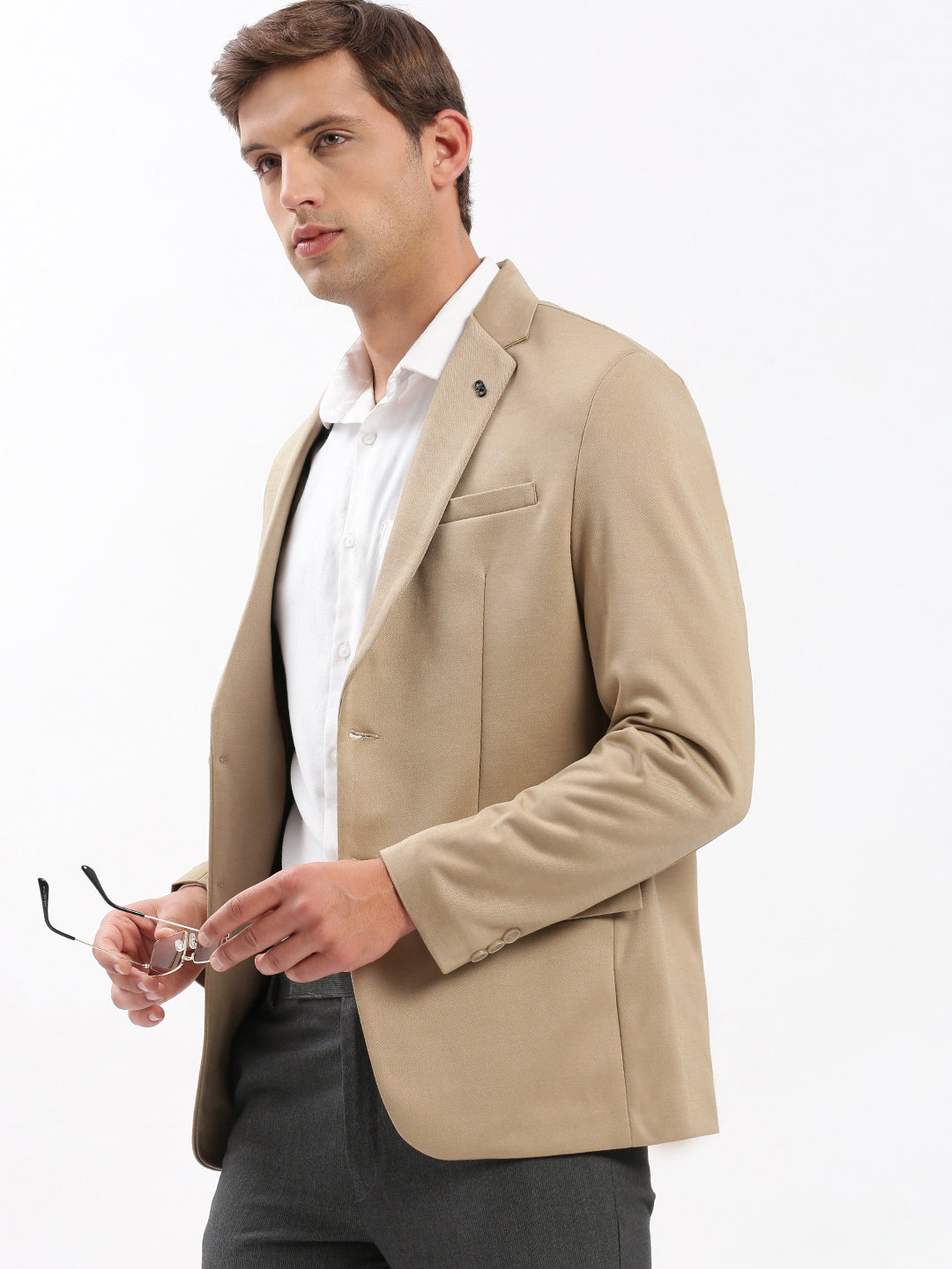 Men Beige Solid Single Breasted Blazer