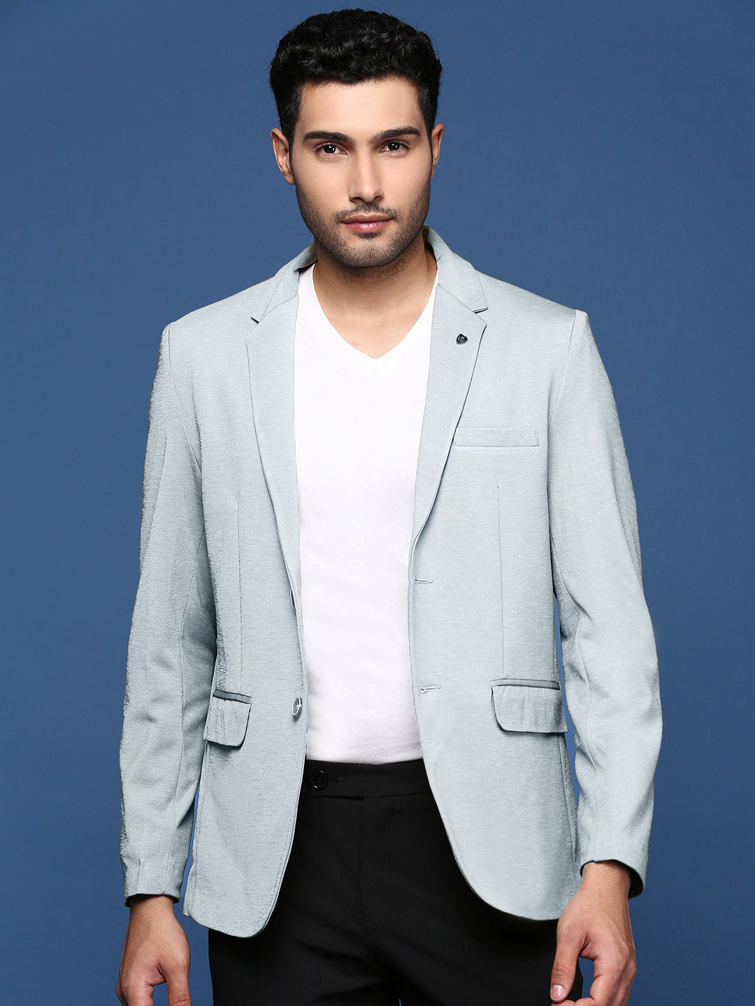 Men Blue Solid Single Breasted Blazer