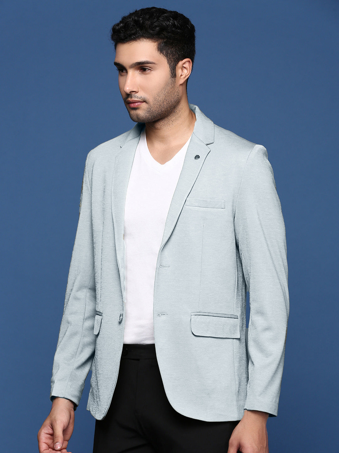 Men Blue Solid Single Breasted Blazer