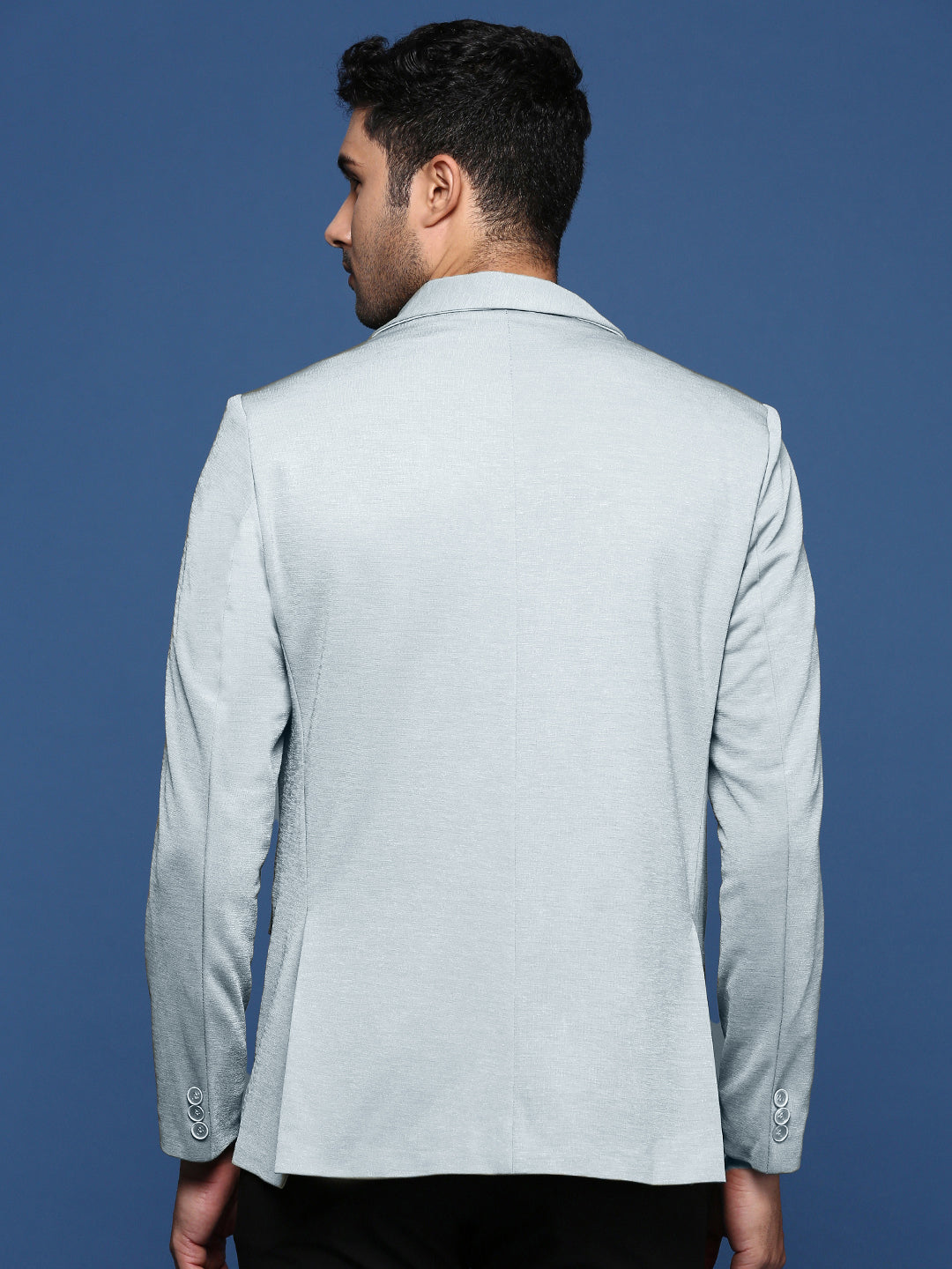 Men Blue Solid Single Breasted Blazer