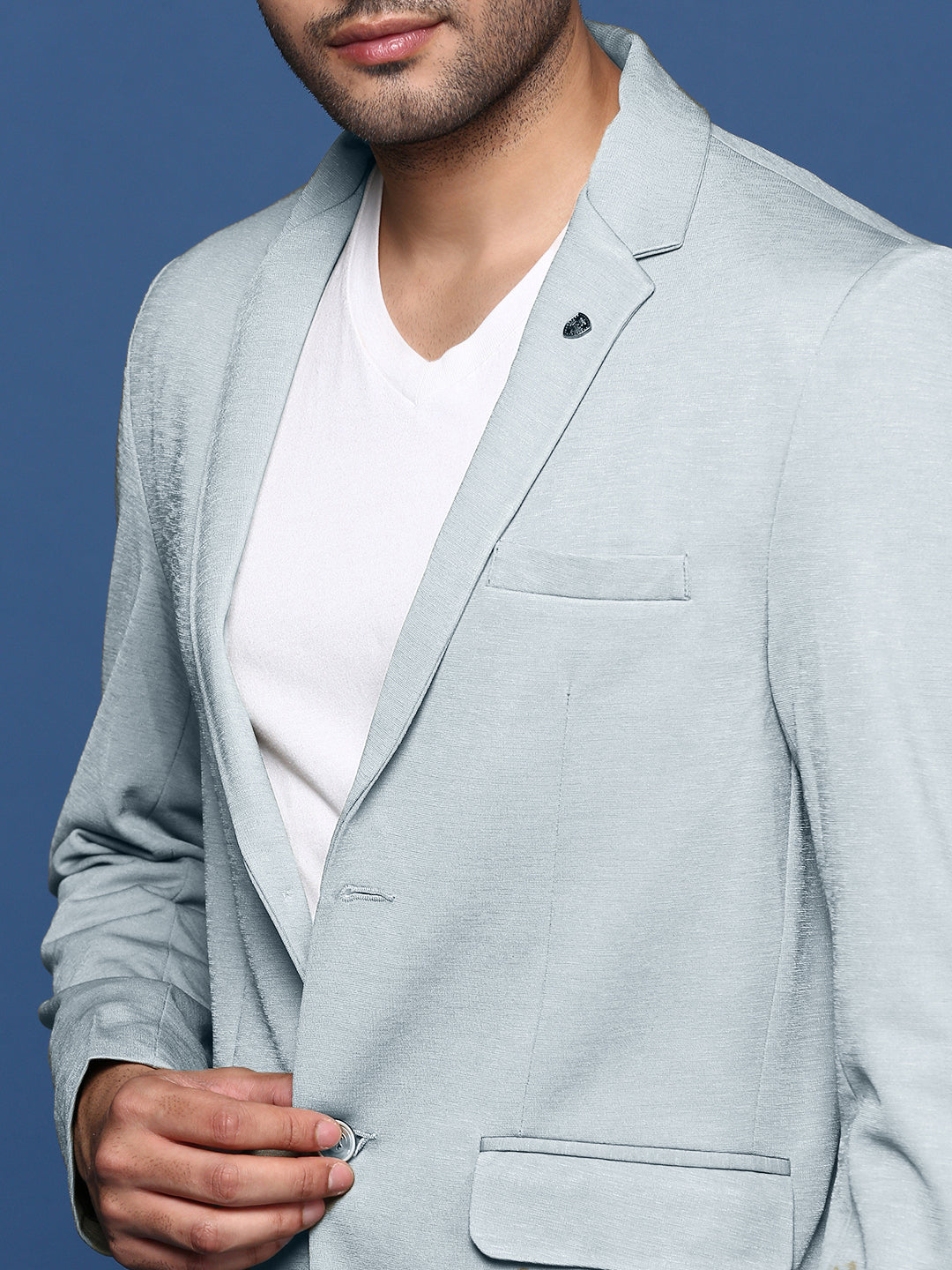 Men Blue Solid Single Breasted Blazer