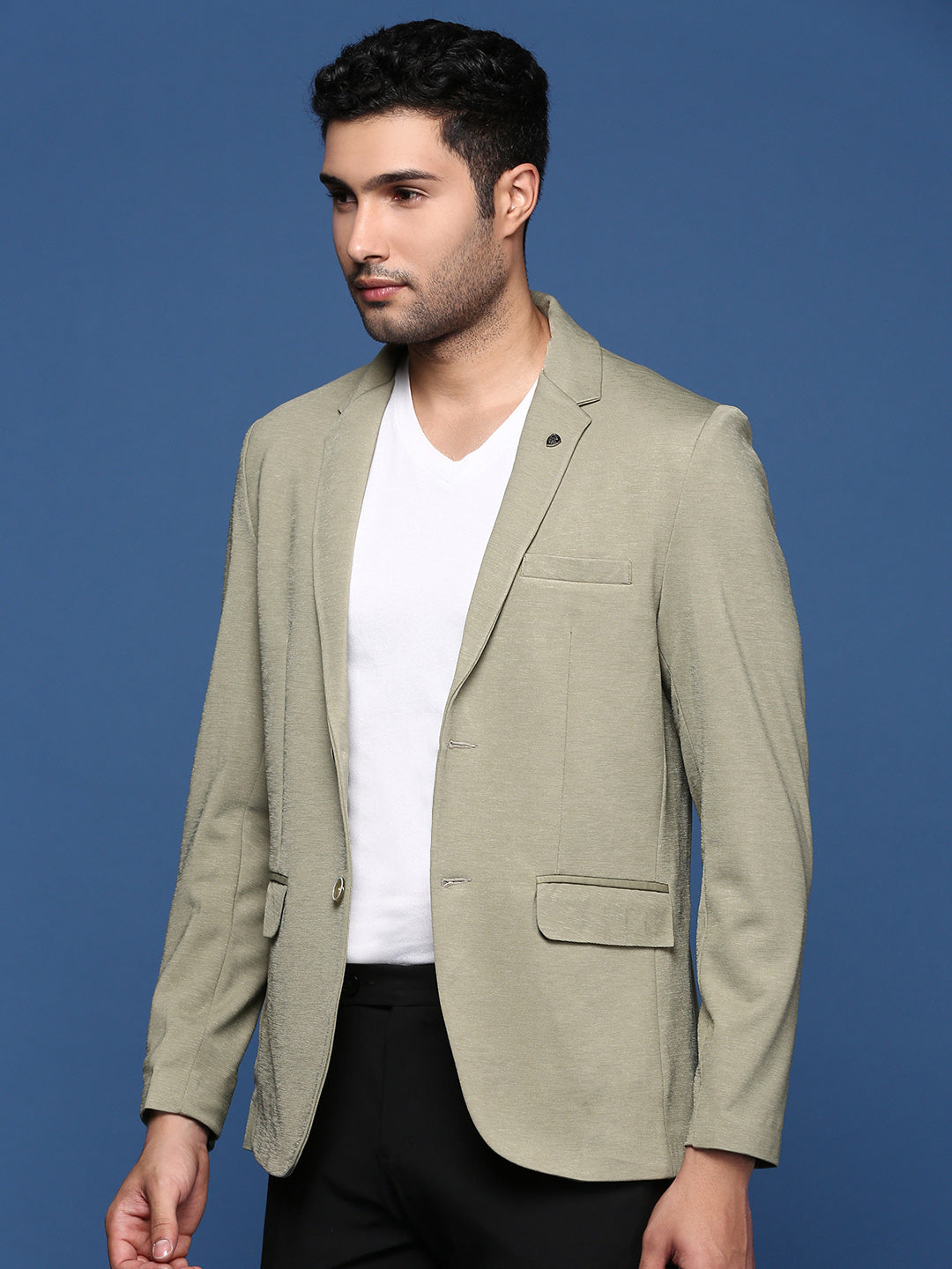 Men Green Slim Fit Single Breasted Blazer