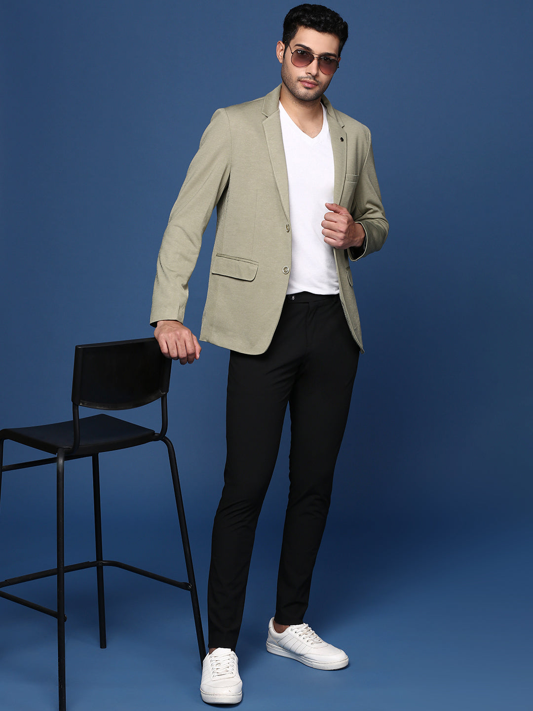 Men Green Slim Fit Single Breasted Blazer