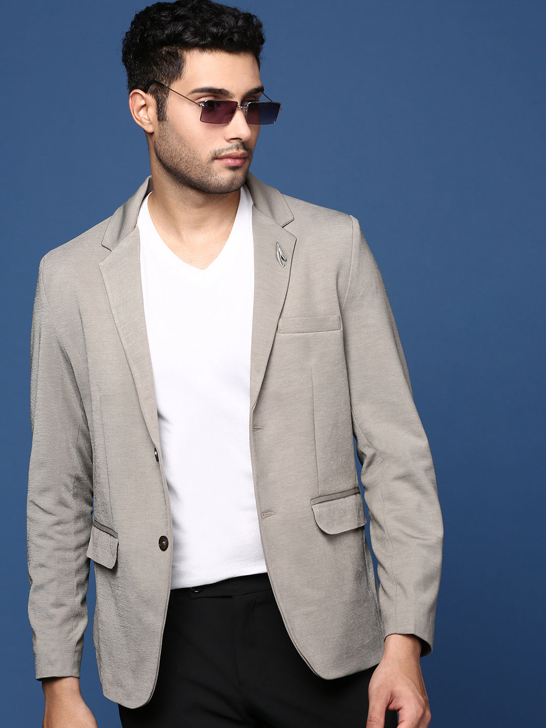 Men Grey Slim Fit Single Breasted Blazer