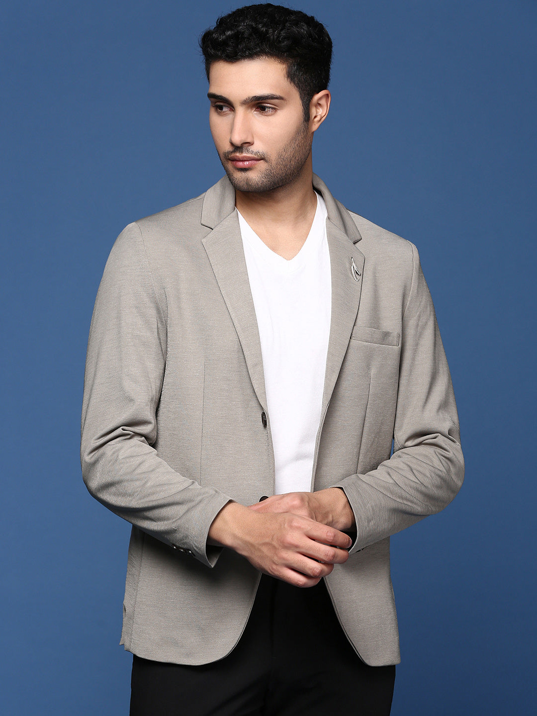 Men Grey Slim Fit Single Breasted Blazer