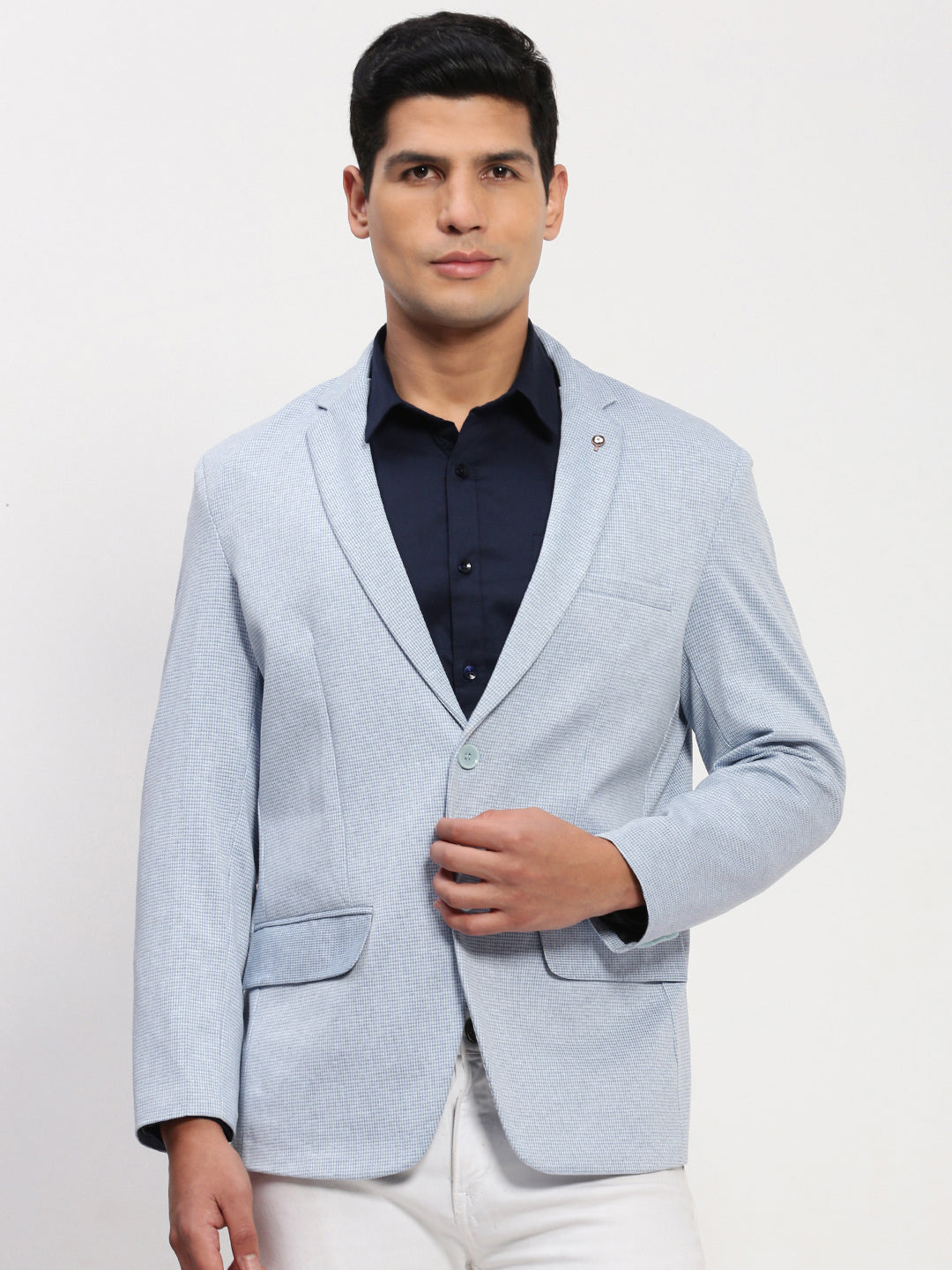 Men Blue Self Design Single Breasted Blazer