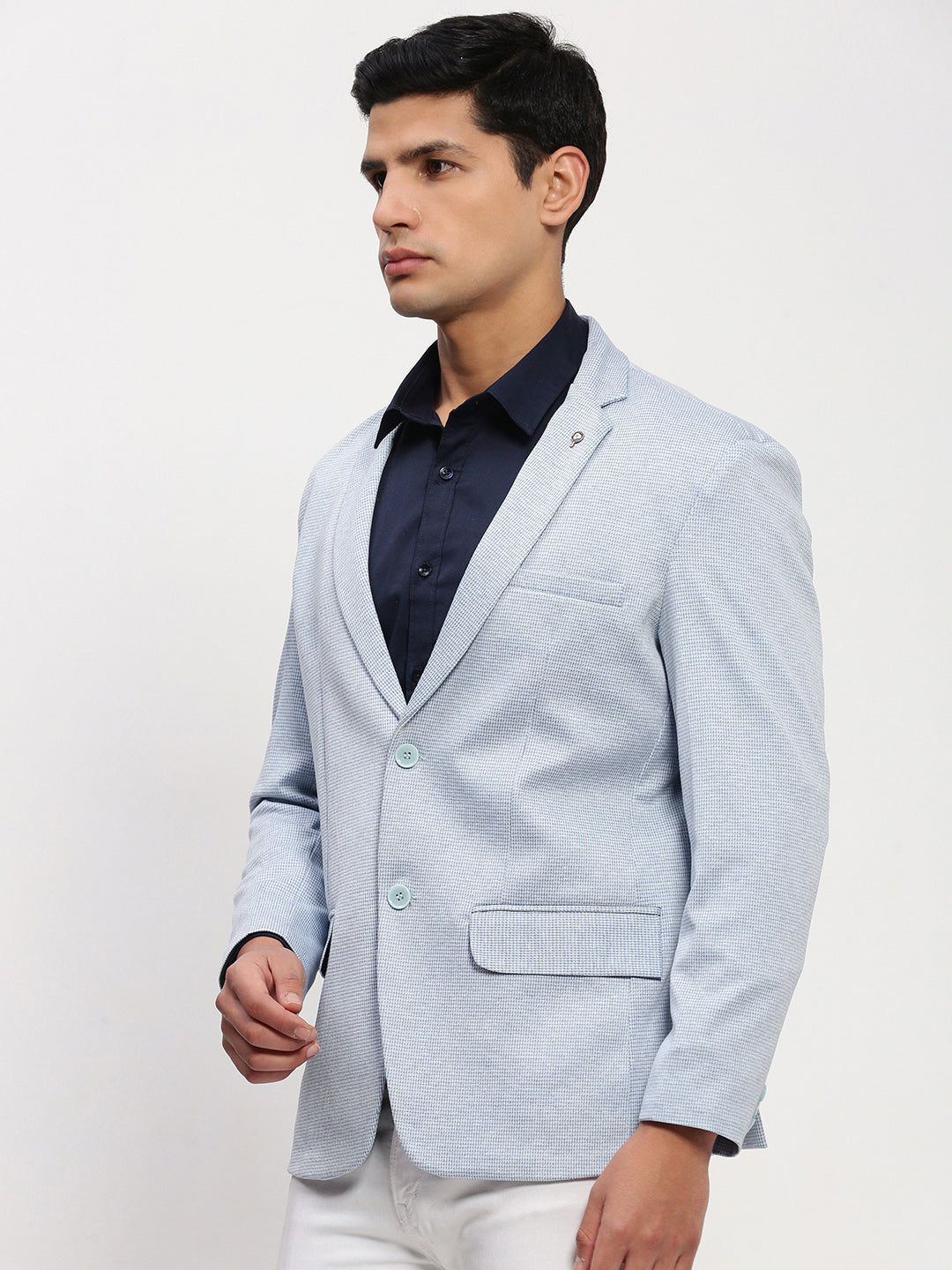 Men Blue Self Design Single Breasted Blazer