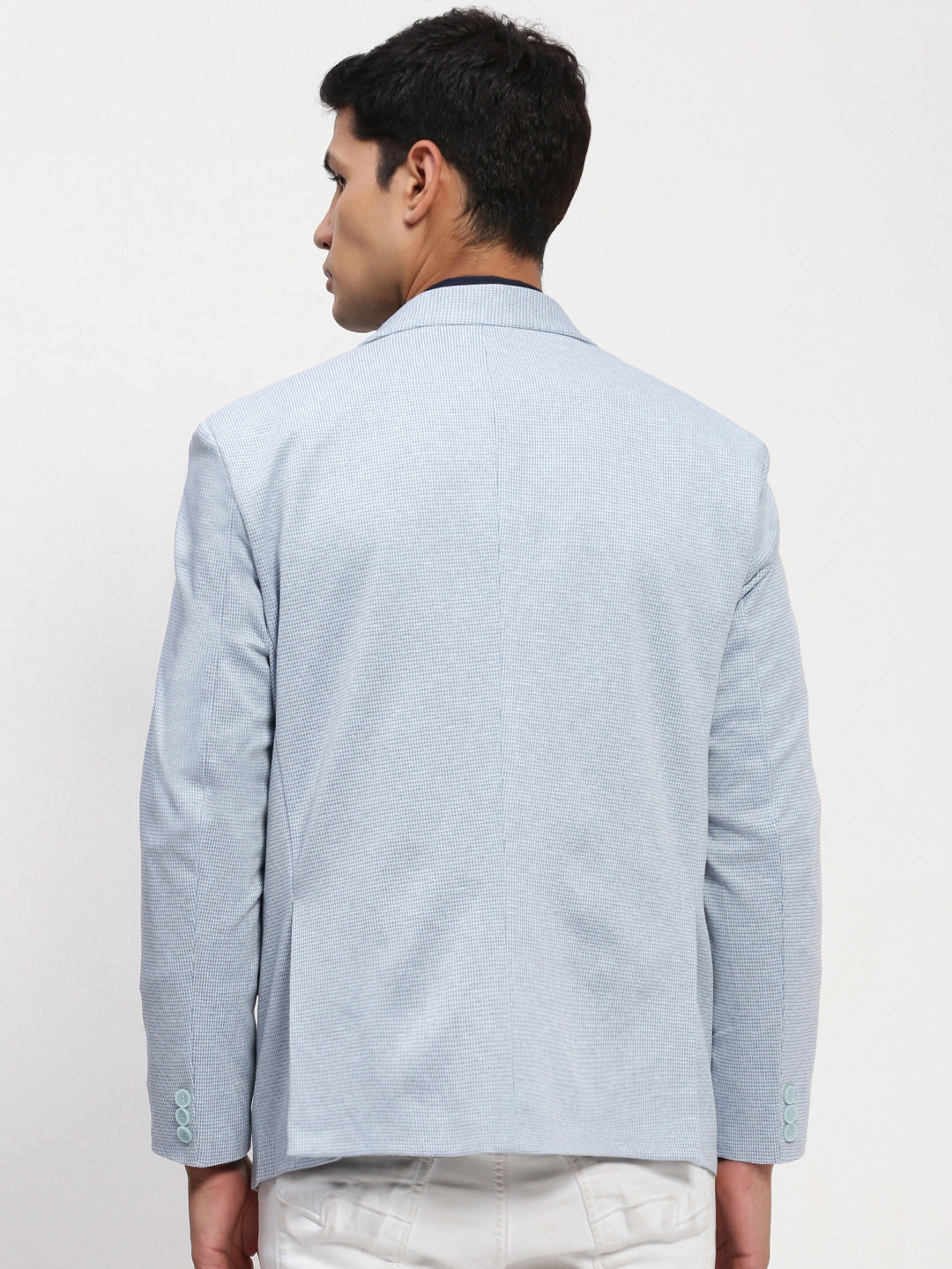 Men Blue Self Design Single Breasted Blazer