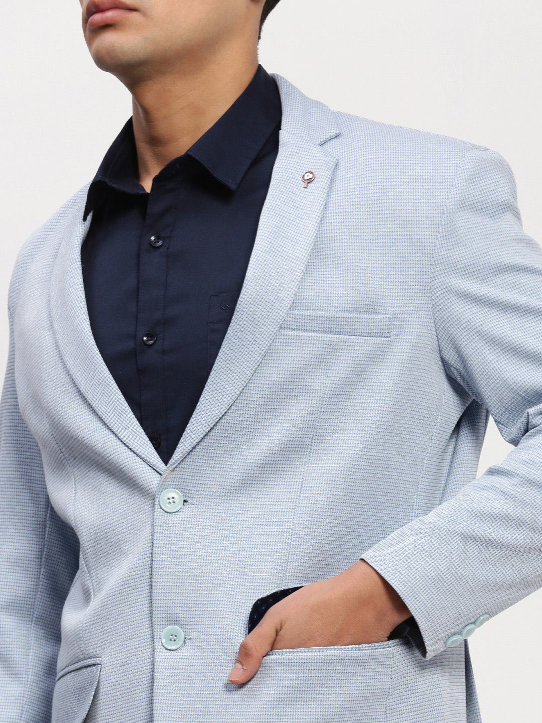 Men Blue Self Design Single Breasted Blazer