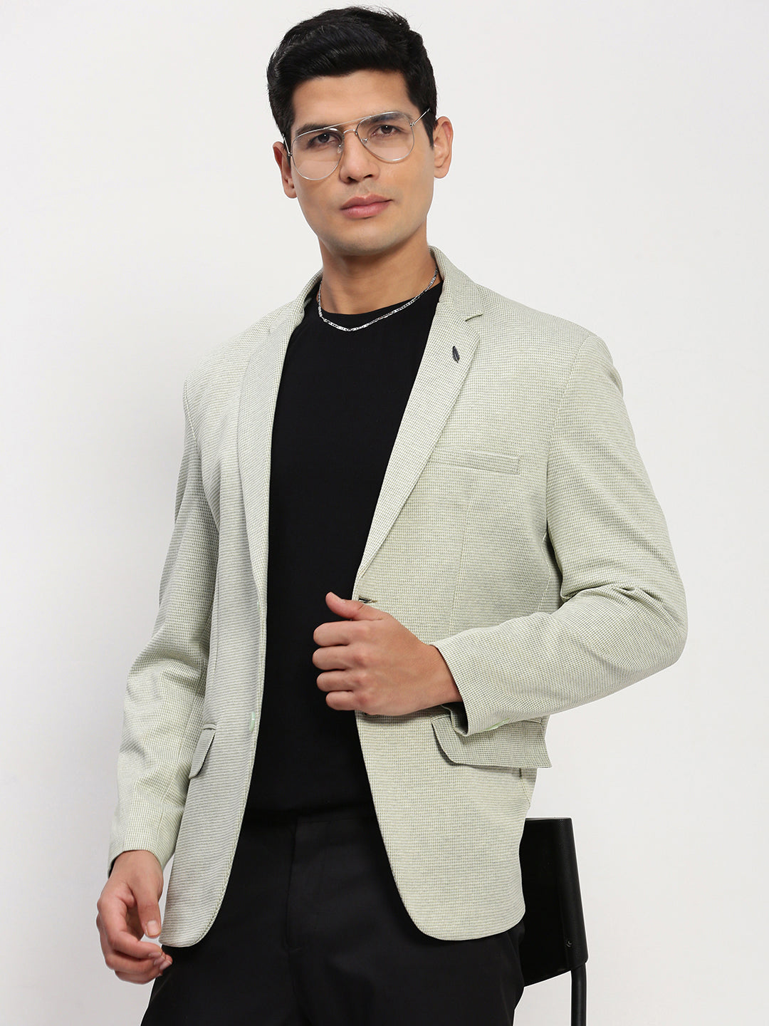 Men Green Self Design Single Breasted Blazer