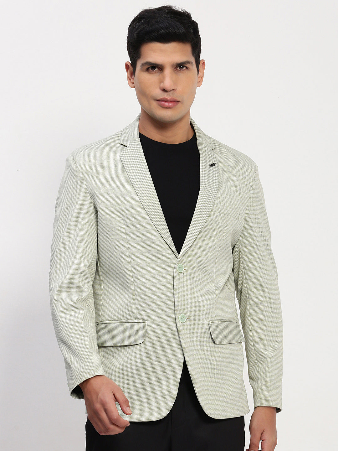 Men Green Self Design Single Breasted Blazer