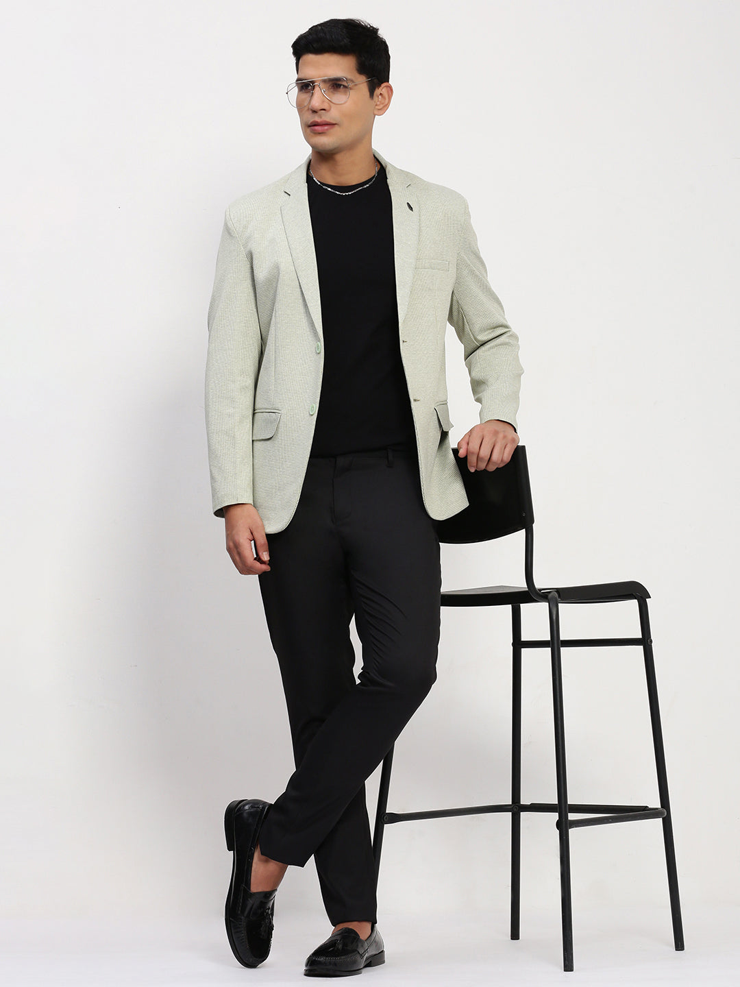 Men Green Self Design Single Breasted Blazer