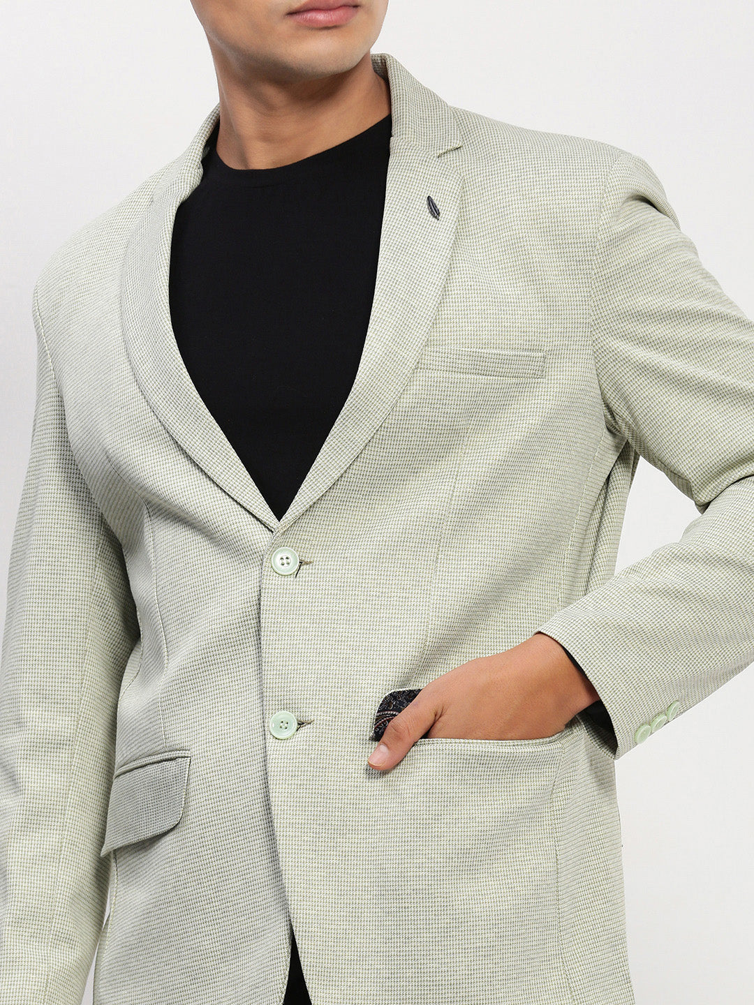 Men Green Self Design Single Breasted Blazer