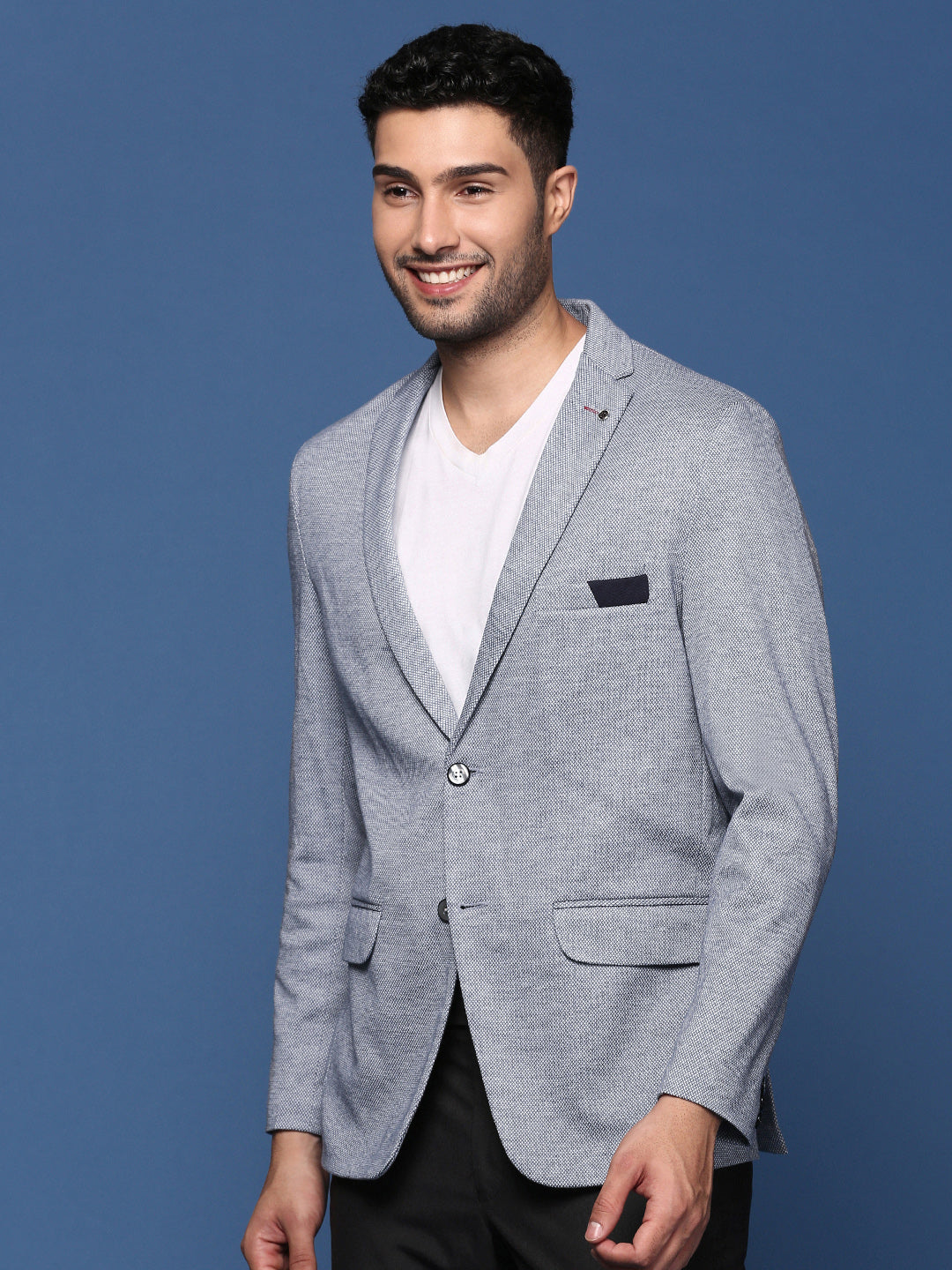 Men Navy Blue Solid Single Breasted Blazer