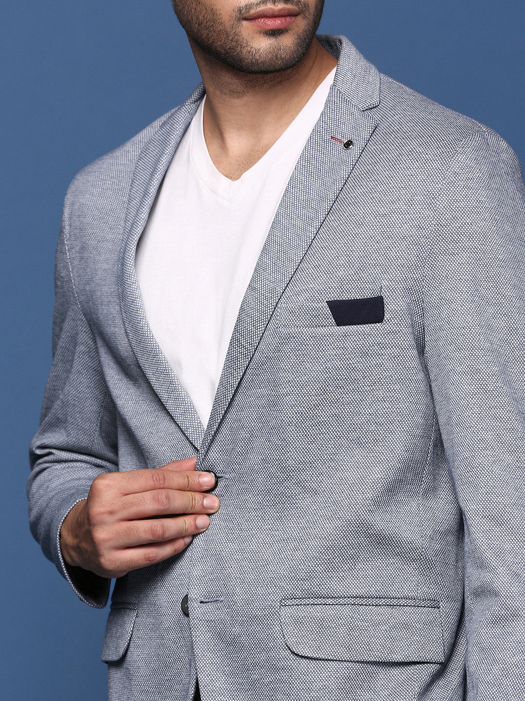 Men Navy Blue Solid Single Breasted Blazer