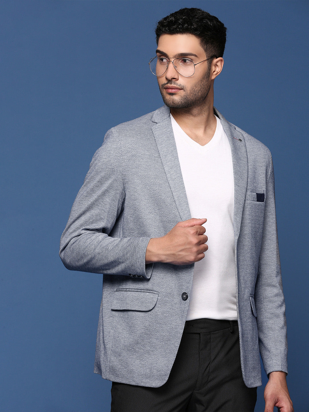 Men Navy Blue Solid Single Breasted Blazer