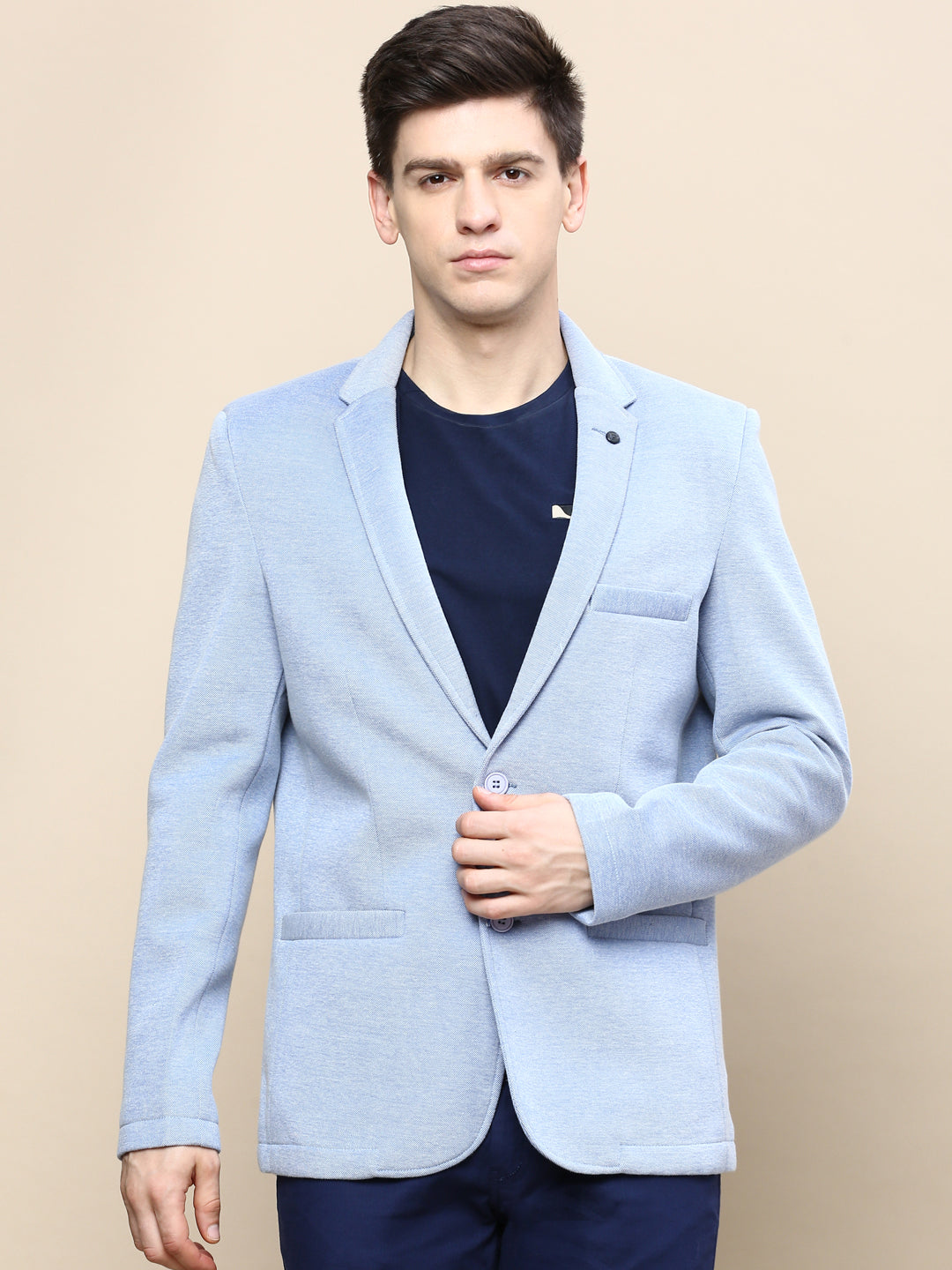 Men Blue Solid Single Breasted Blazer