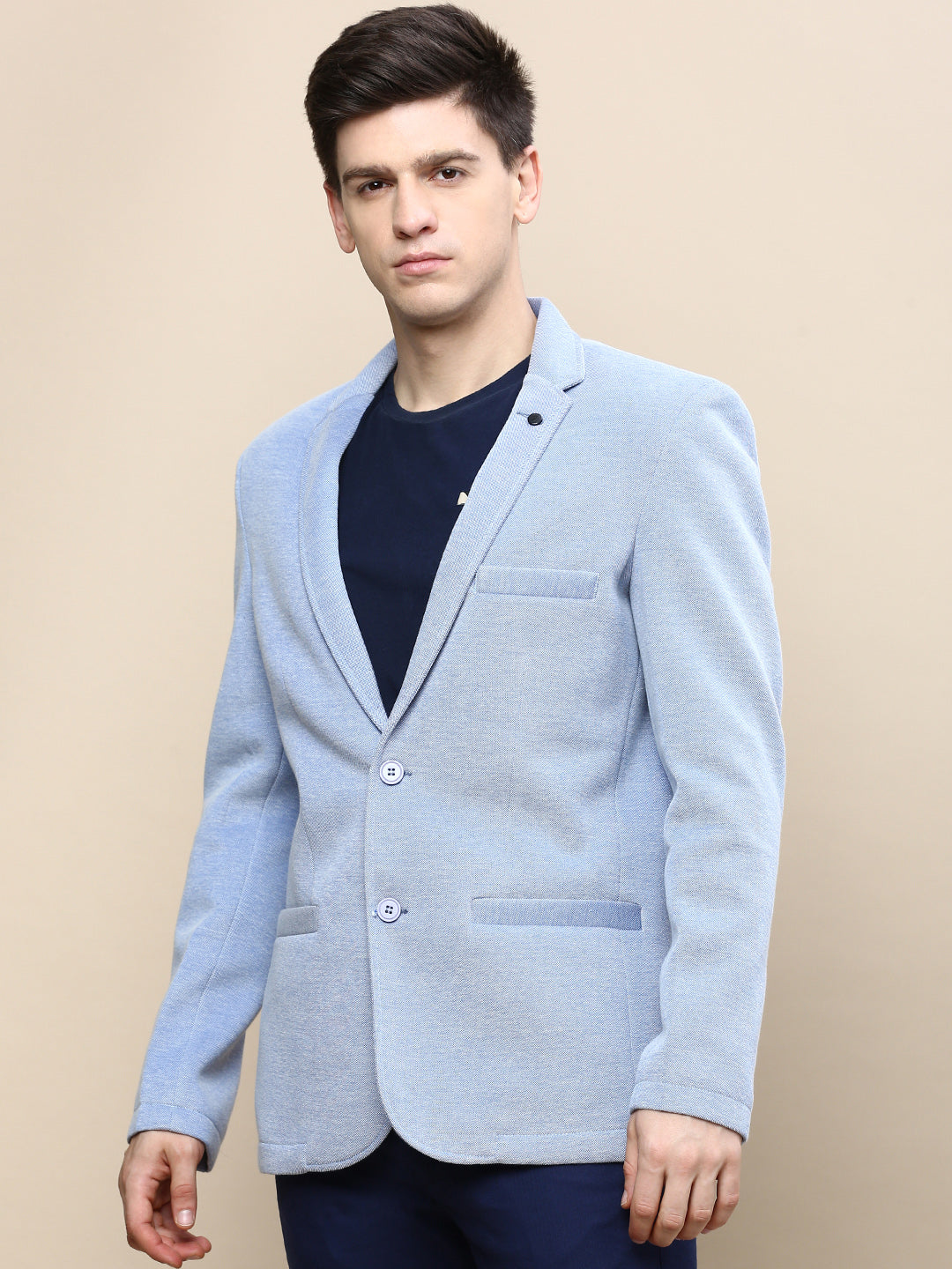 Men Blue Solid Single Breasted Blazer