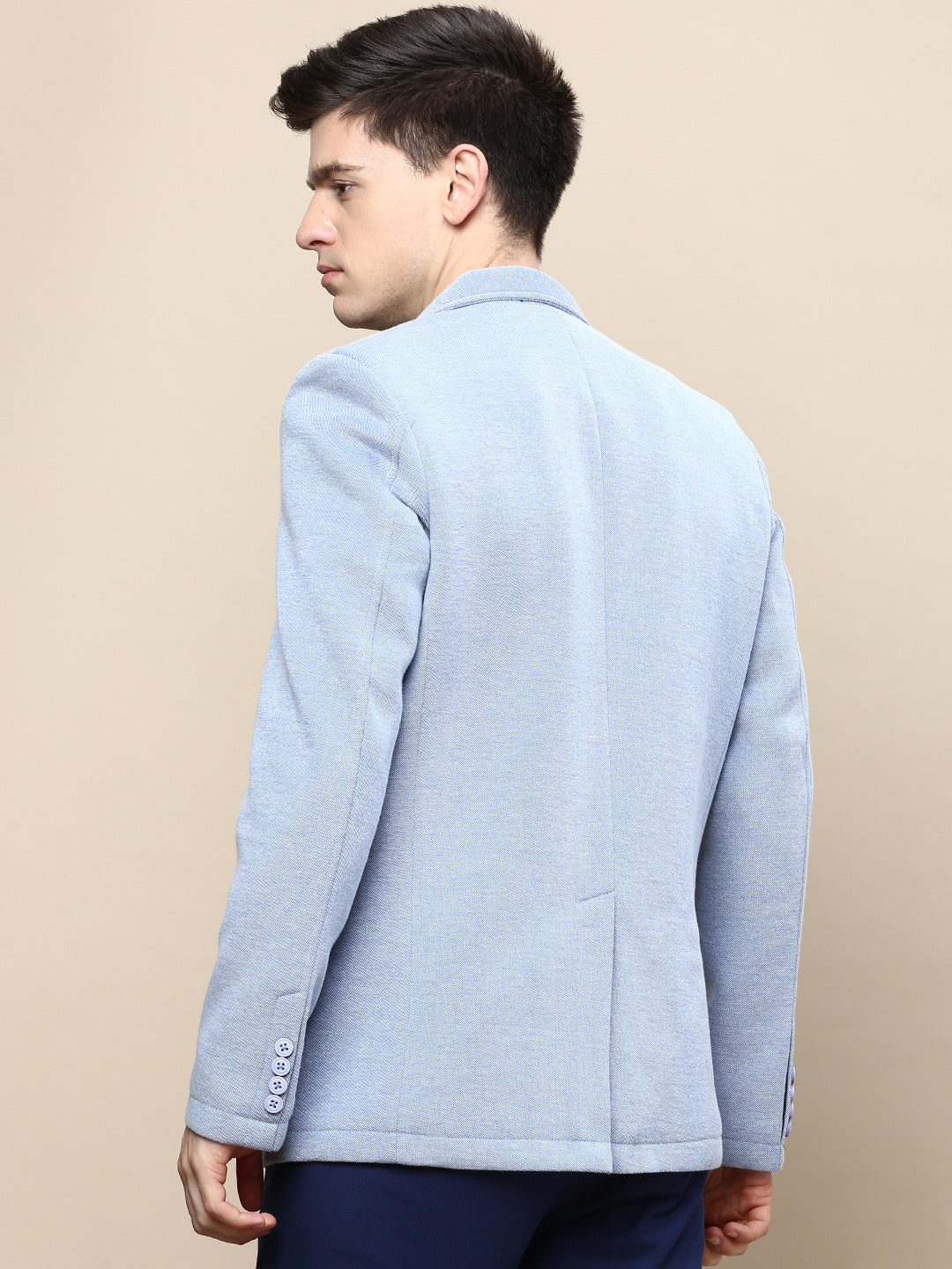 Men Blue Solid Single Breasted Blazer