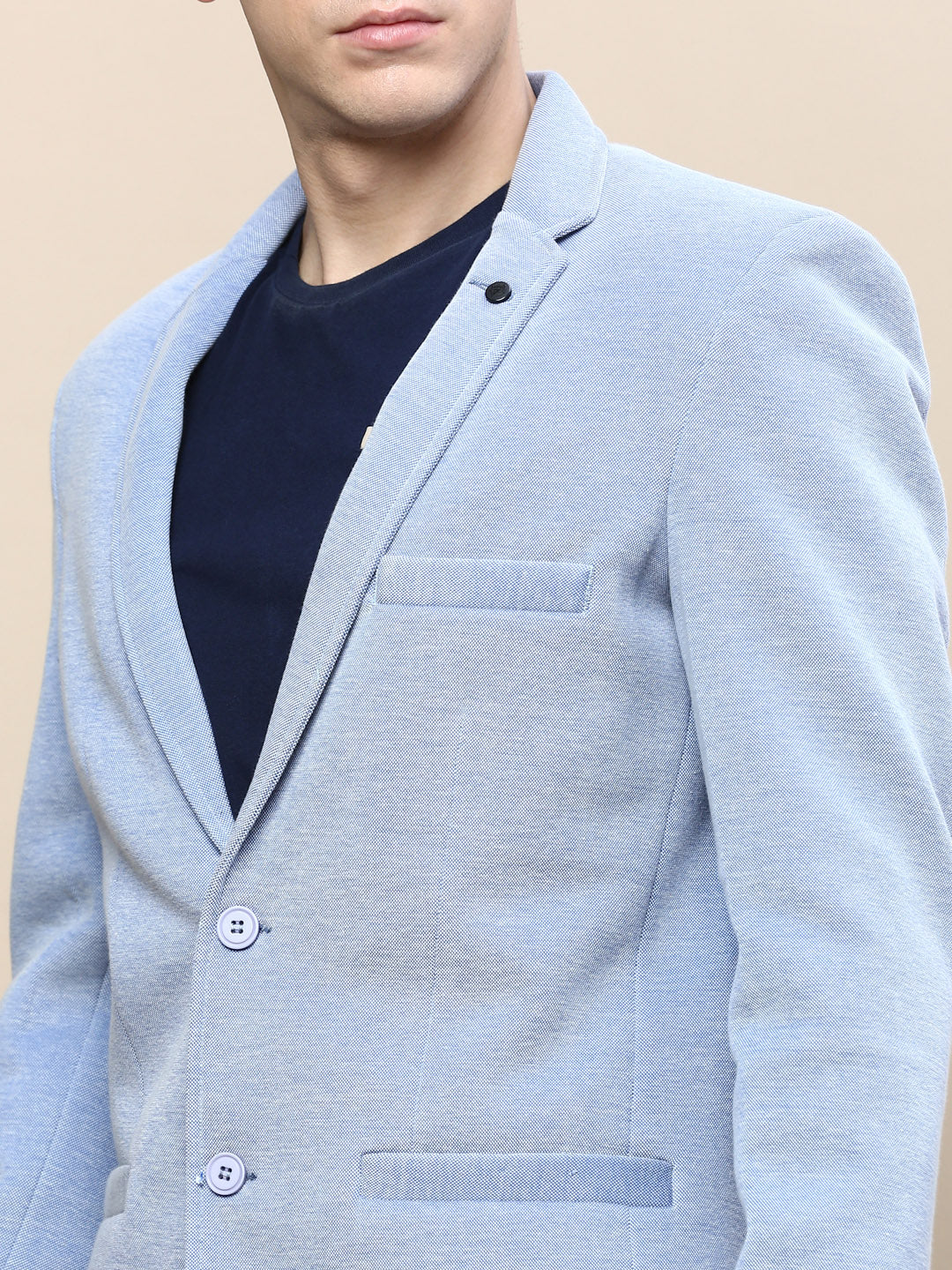 Men Blue Solid Single Breasted Blazer