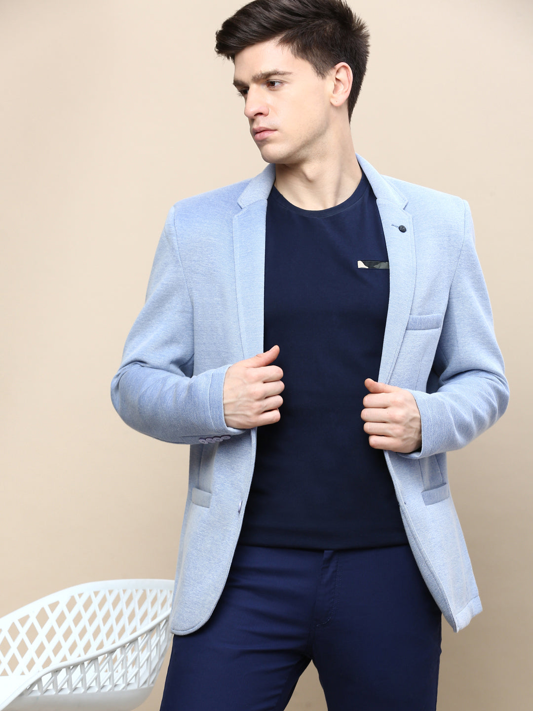 Men Blue Solid Single Breasted Blazer