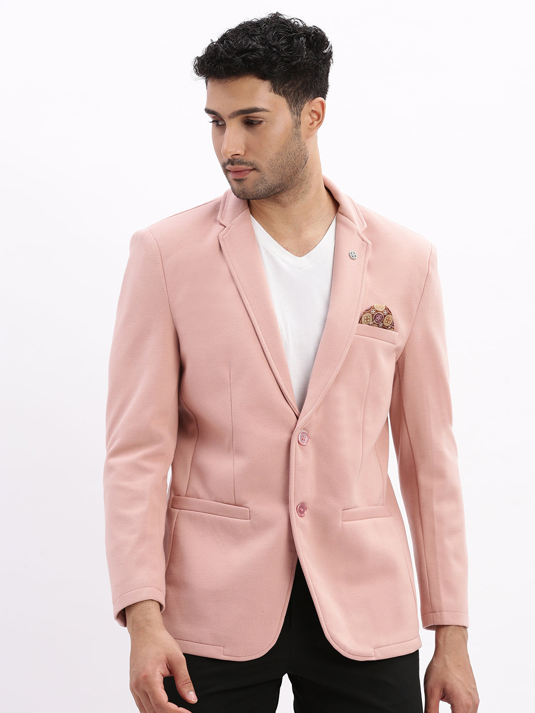 Men Peach Solid Single Breasted Blazer