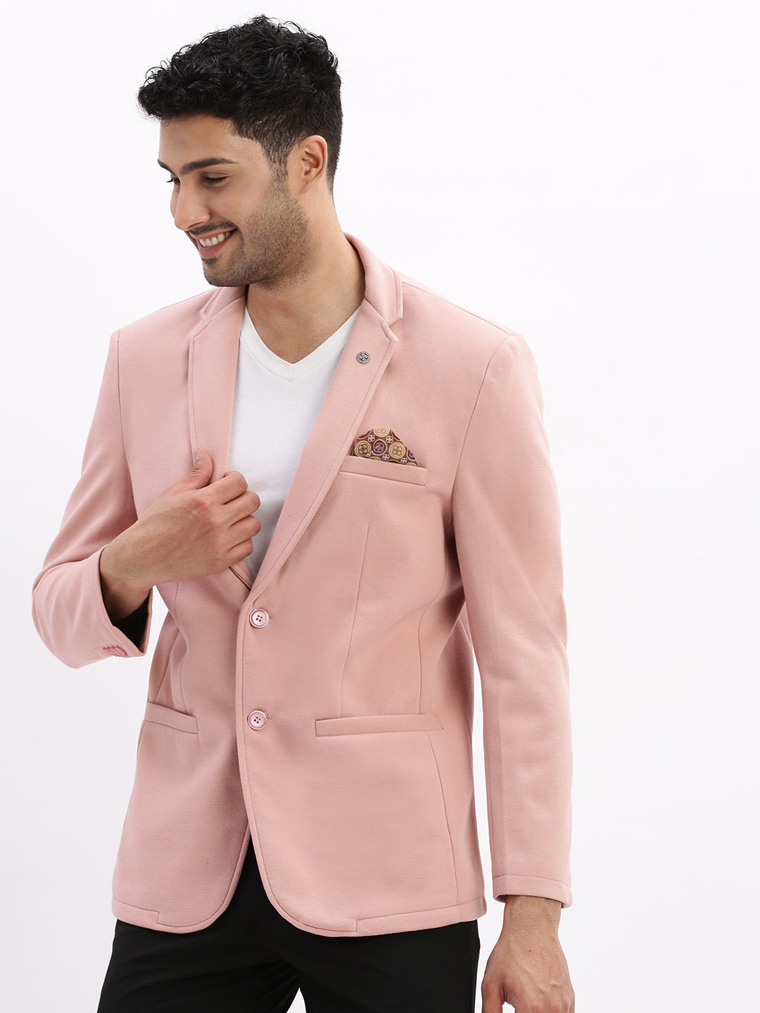 Men Peach Solid Single Breasted Blazer